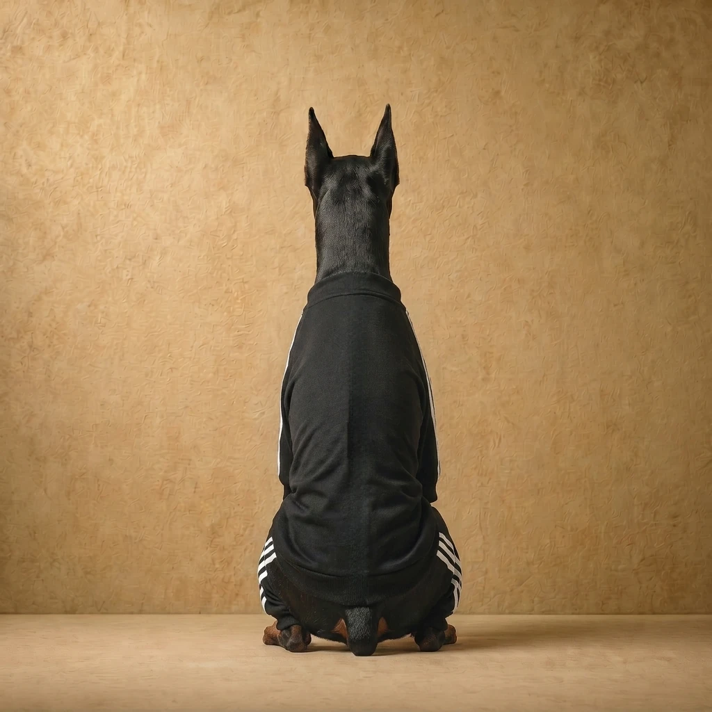 Doberman in a sleek black zip-up hoodie with white side stripes, showcasing a close athletic fit for deep-chested builds against a warm textured backdrop.