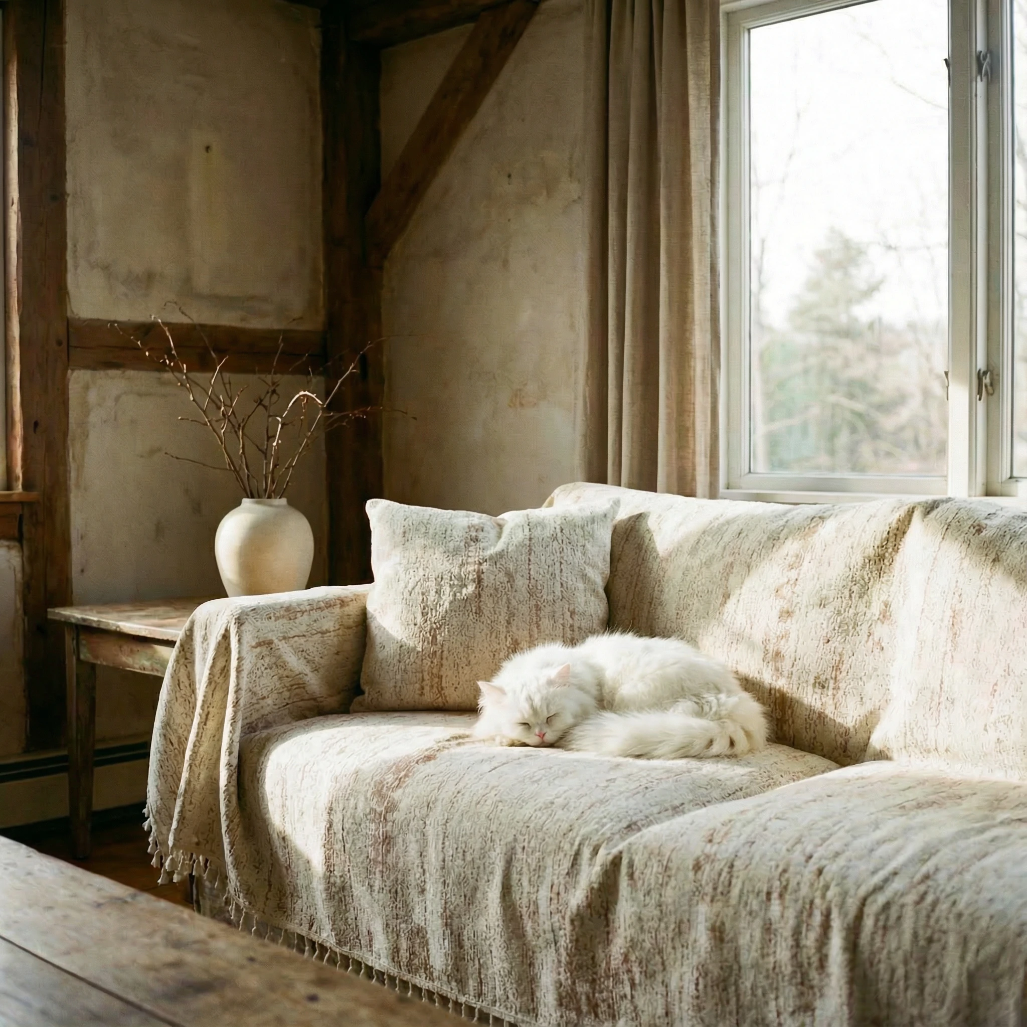 Soft white chenille throw with natural texture drapes over a sofa in a wabi-sabi living space, where a fluffy white cat rests peacefully in sunlight. Minimalist interior with earthy tones and calm, harmonious pet living.