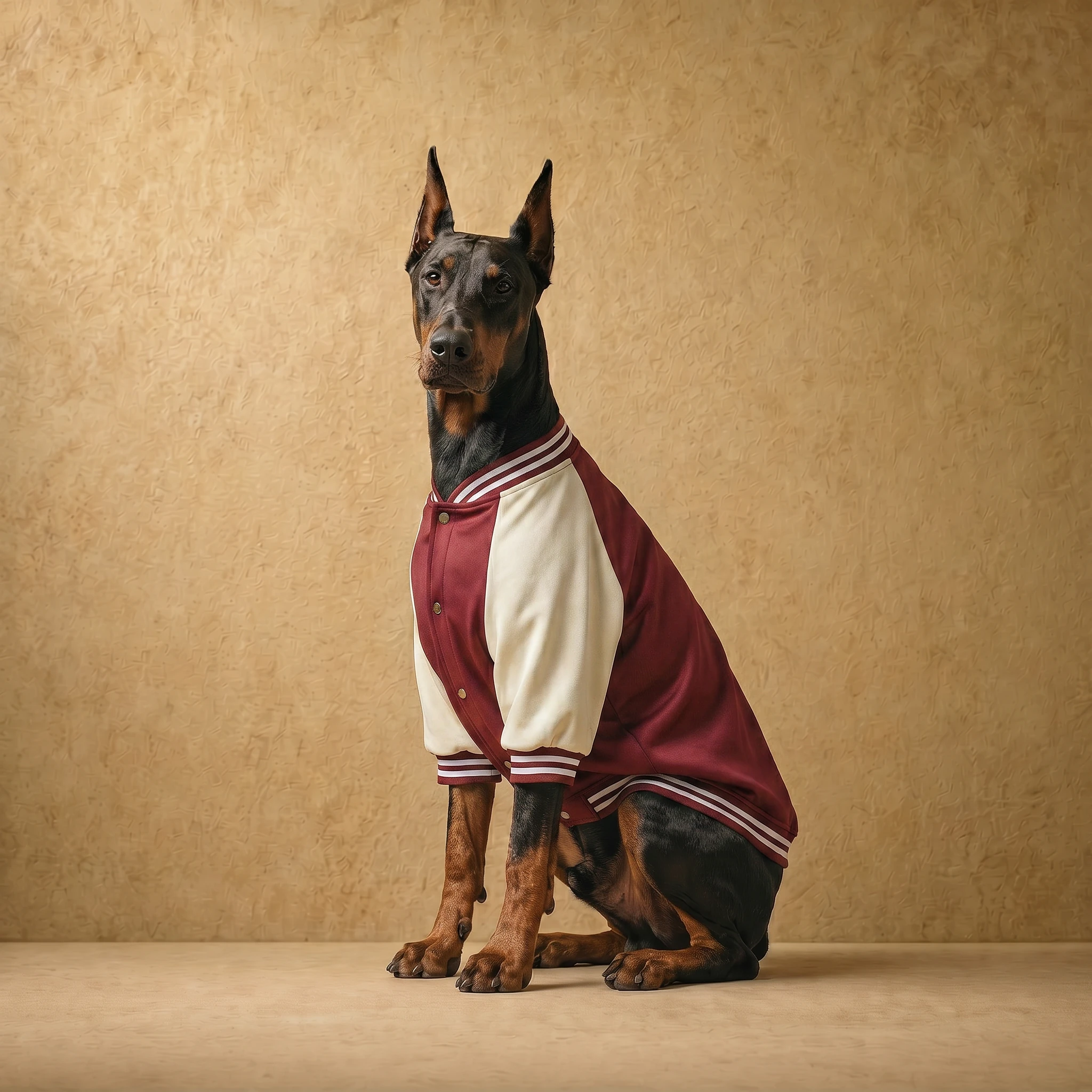 Doberman in a burgundy and cream varsity-style jacket with ribbed trim, featuring a close athletic fit and clean lines for deep-chested builds. Clothes that fit dobermans.