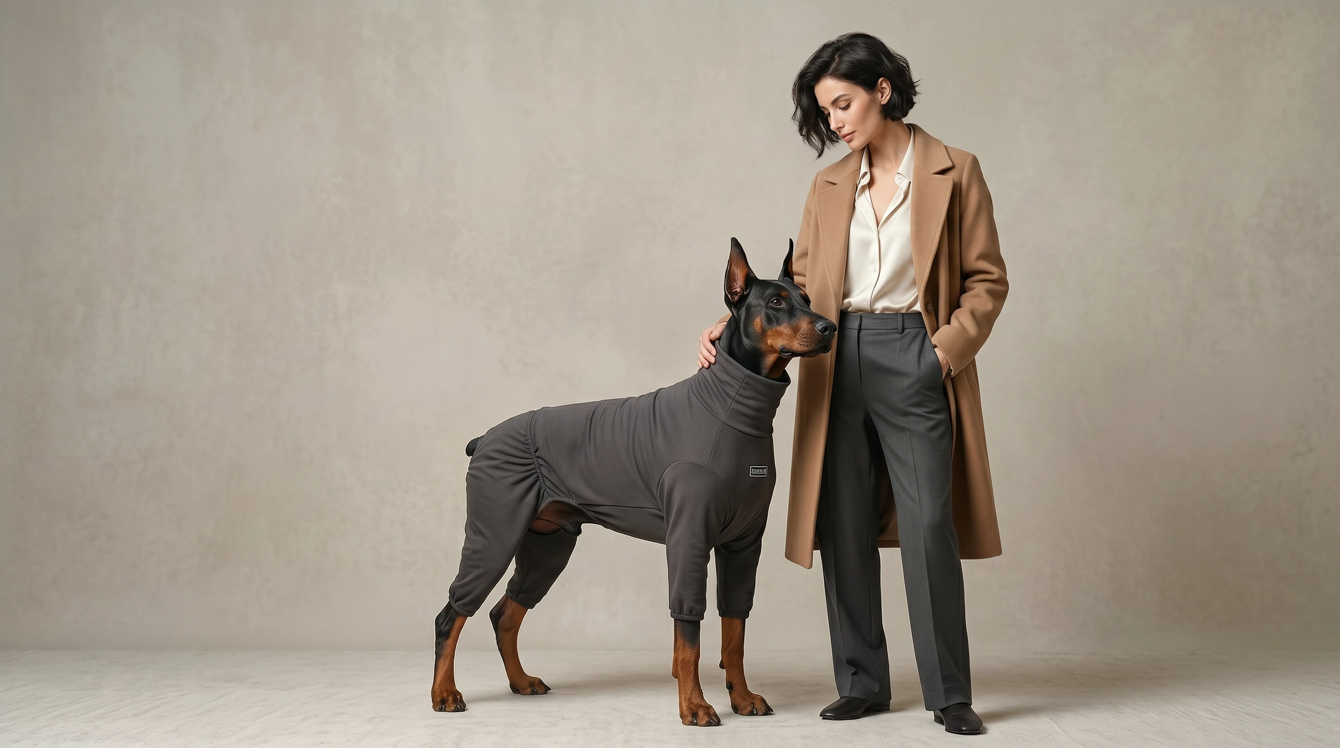 Doberman in NookPaws™ Recovery Suit, a high-stretch, full-coverage garment designed for deep-chested breeds, shown in minimalist studio lighting with soft textures and calm, functional design.