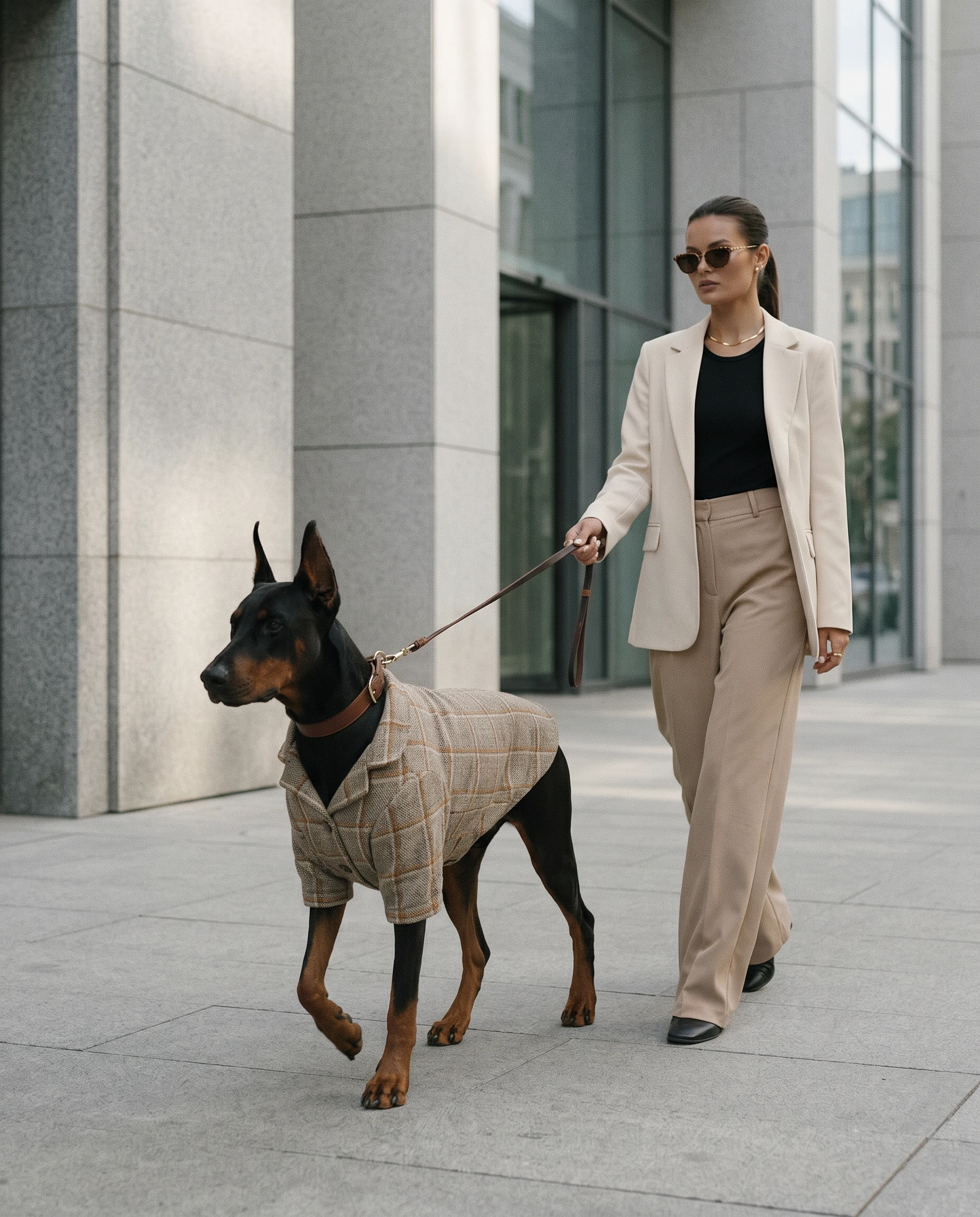 Doberman in tailored wool-blend blazer with structured fit, walking beside owner in minimalist cityscape, showcasing elegant deep-chested dog apparel with subtle plaid texture and calm, refined aesthetic.