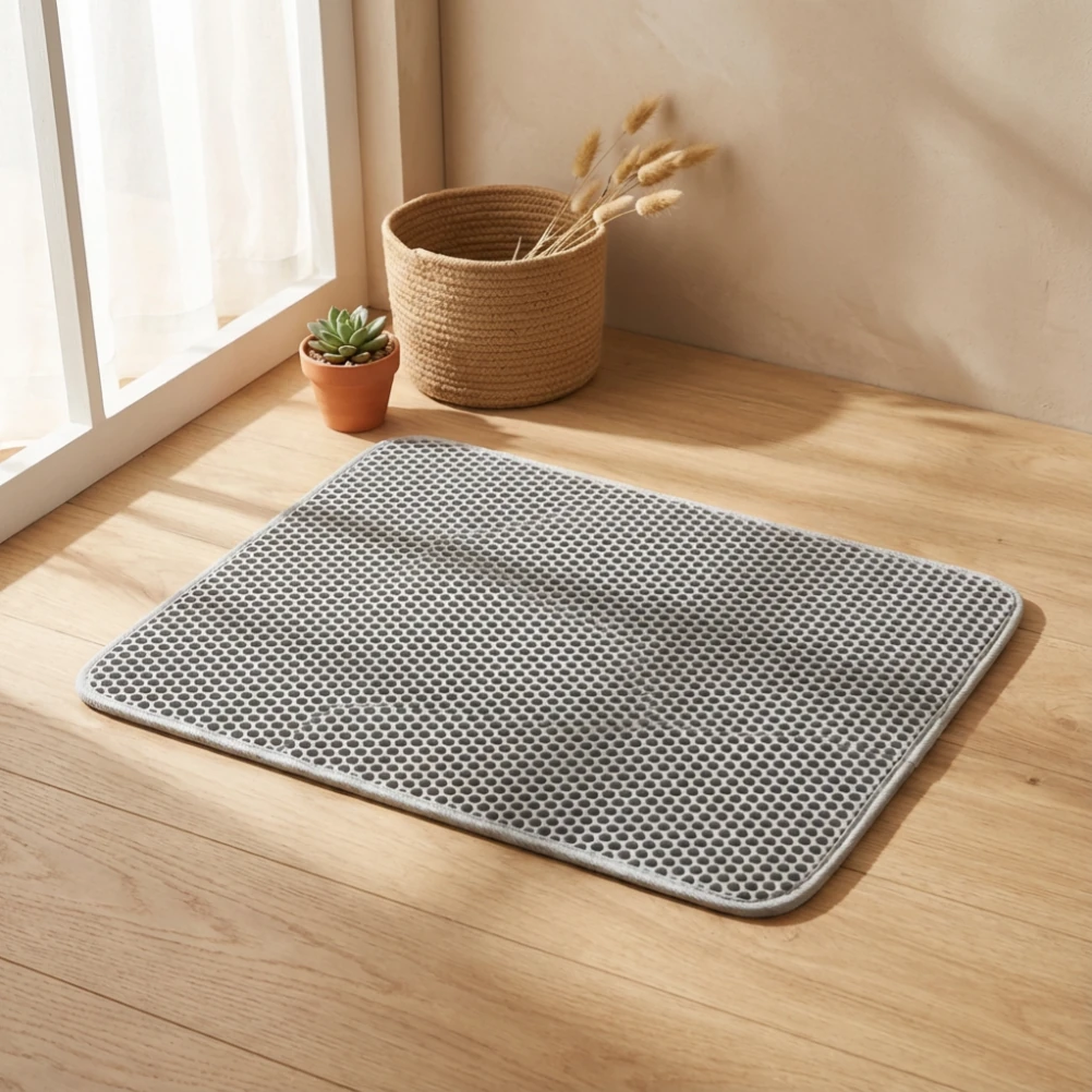 Slate grey double-layer litter trapping mat with hexagonal texture rests on light wood floor near window, complementing minimalist interior with woven basket and succulent in calm, pet-friendly space.
