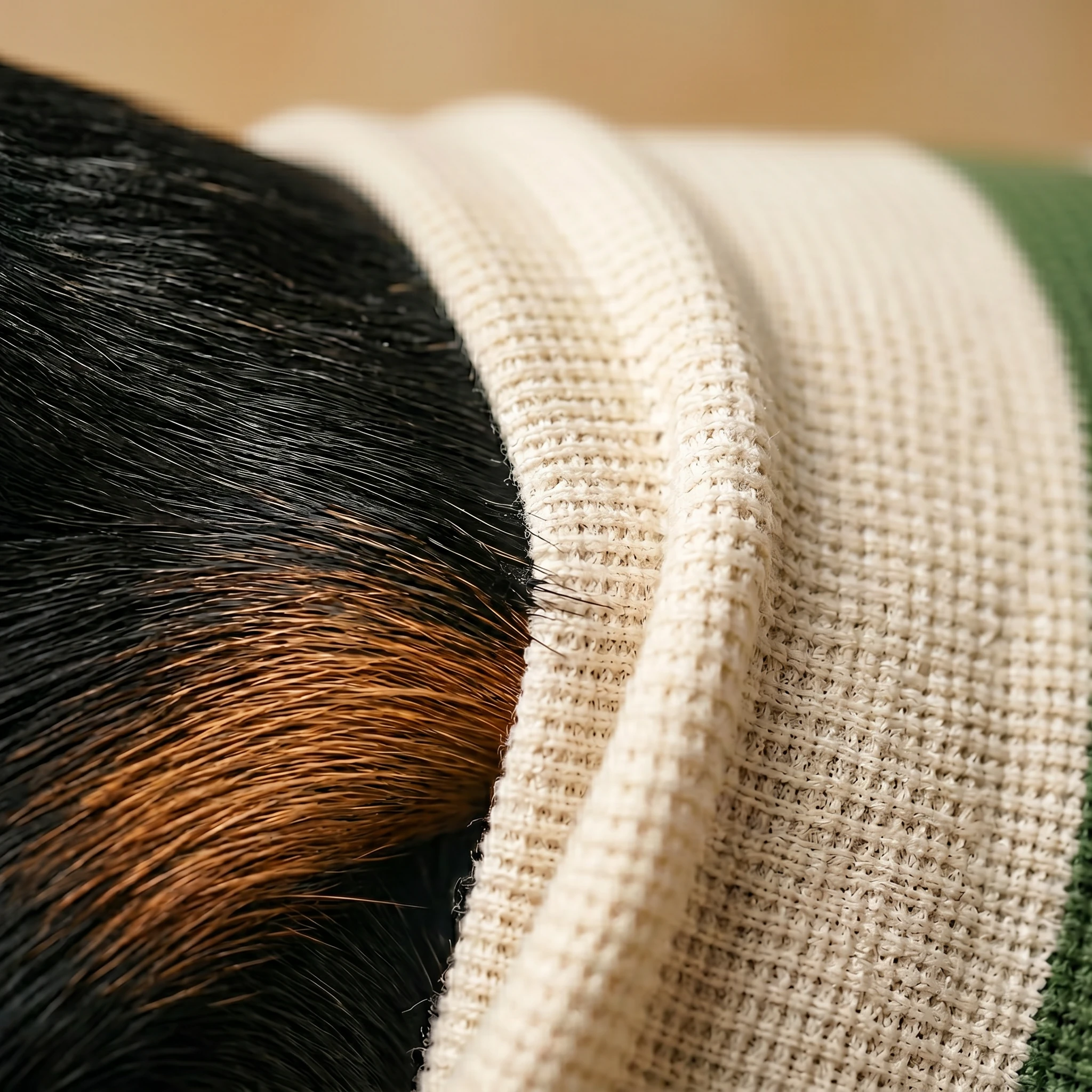 Waffle-knit dog sweater in cream and sage stripes, gently draped over a Doberman's back, showcasing breathable texture and minimalist fit for deep-chested breeds.