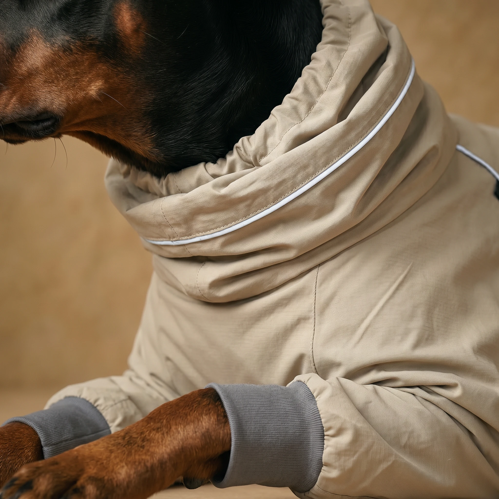Doberman in NookPaws rain layer — minimalist waterproof coat with soft fabric, white piping, and snug leg cuffs, designed for deep-chested breeds.