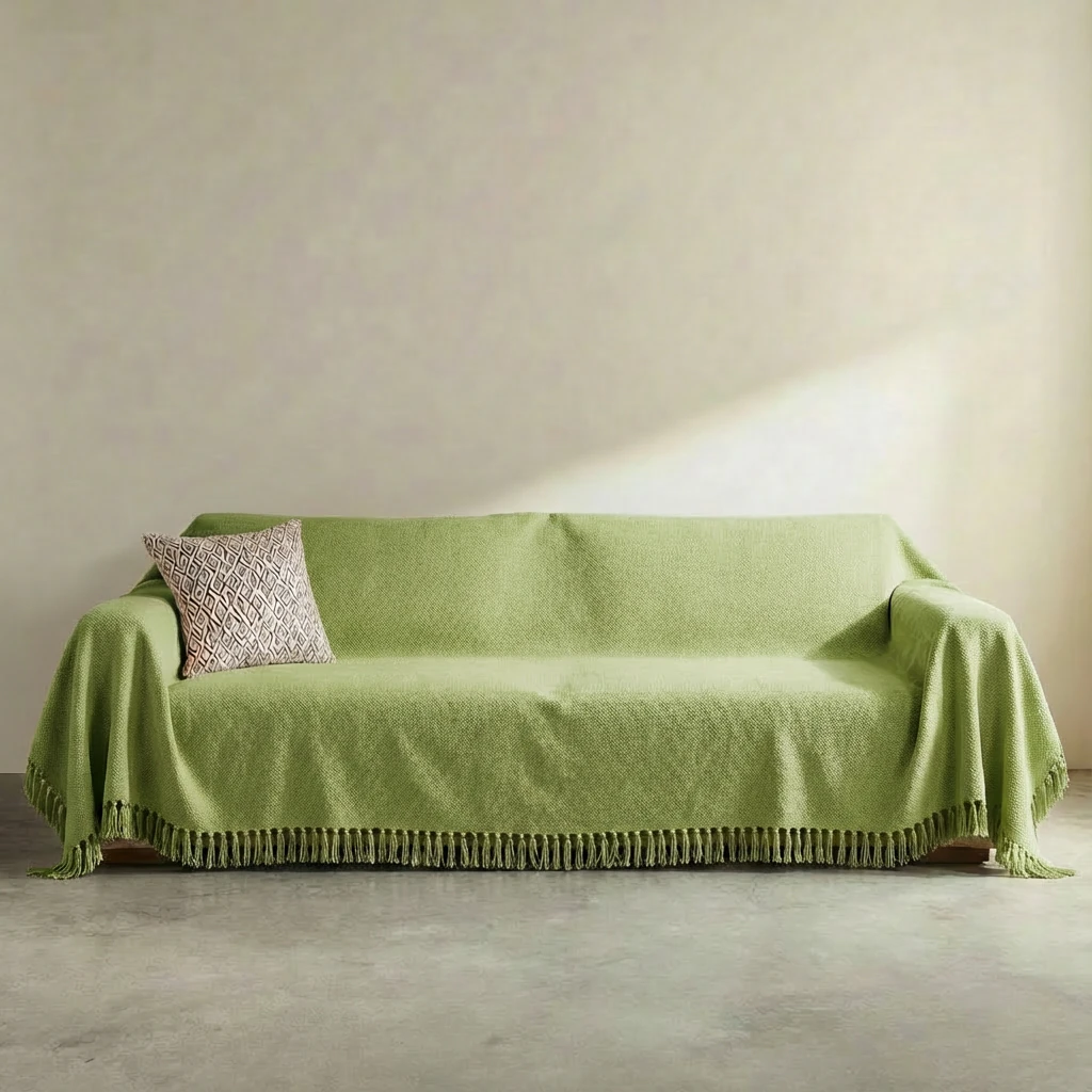 Sage green Teddy velvet throw draped over a sofa, featuring soft fringe and a geometric pillow, in a calm minimalist interior with neutral walls and concrete flooring. Scratch resistant fabric.