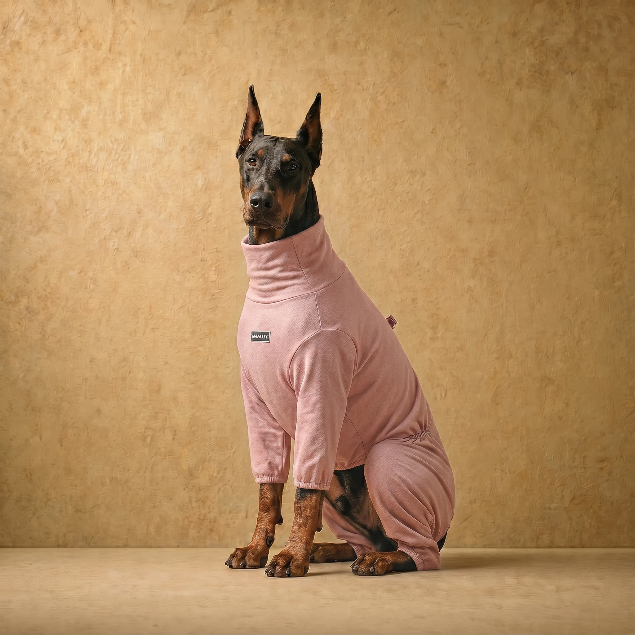 Doberman in a dusty pink recovery suit with high neck and full coverage, designed for deep-chested breeds, sitting calmly against a warm textured backdrop.