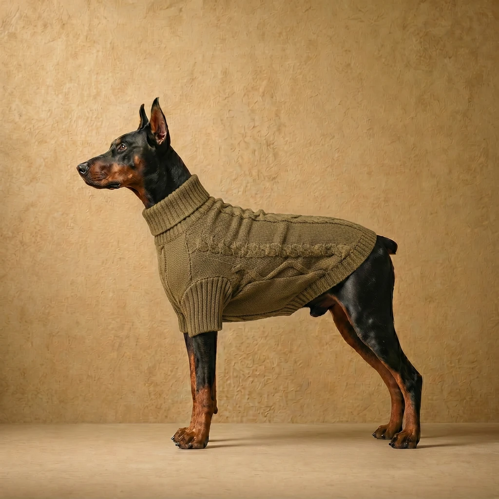Doberman in a deep olive cable-knit sweater with a close, athletic fit, showcasing the garment’s tailored design for deep-chested breeds.