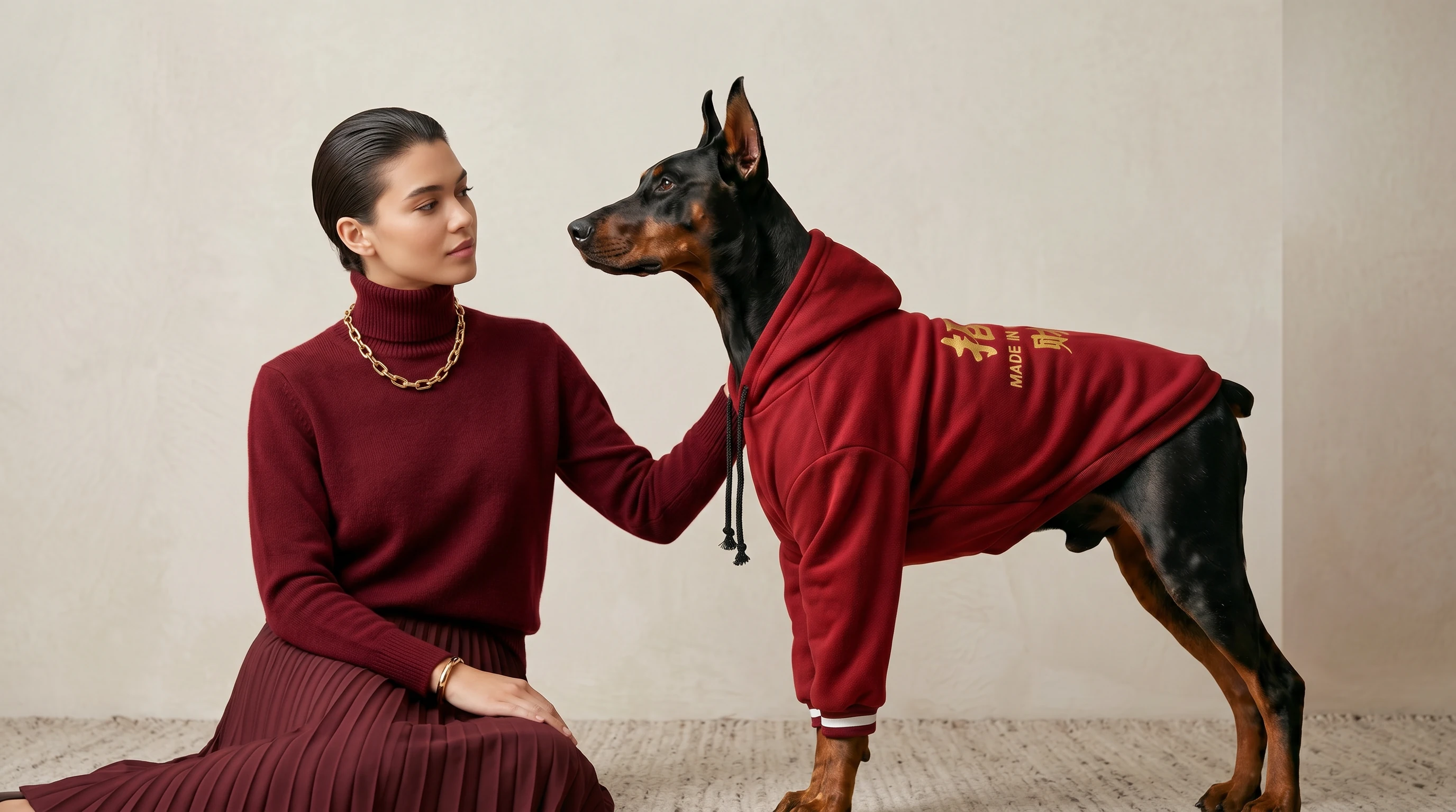 Doberman in NookPaws™ Deep Chest Fleece Hoodie, heavyweight red fleece with gold script, minimalist fit for deep-chested breeds, beside companion in matching maroon turtleneck.