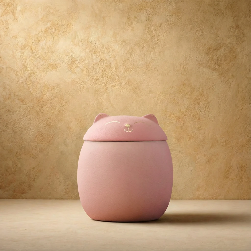 Soft pink ceramic pet memorial jar with cat silhouette lid, featuring gentle golden details, set against a textured beige wall in a minimalist interior with wabi-sabi warmth.