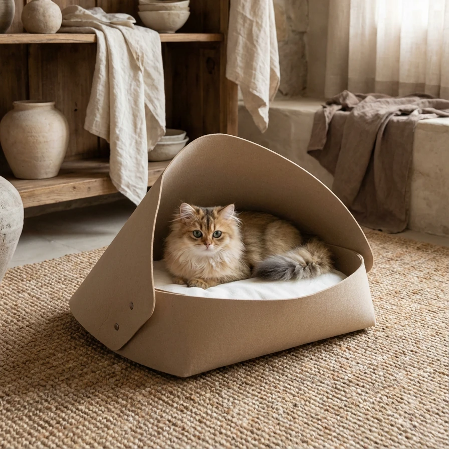 A fluffy cat rests calmly in a beige felt cat cave with snap-button details, nestled on a natural fiber rug within a serene, minimalist interior.