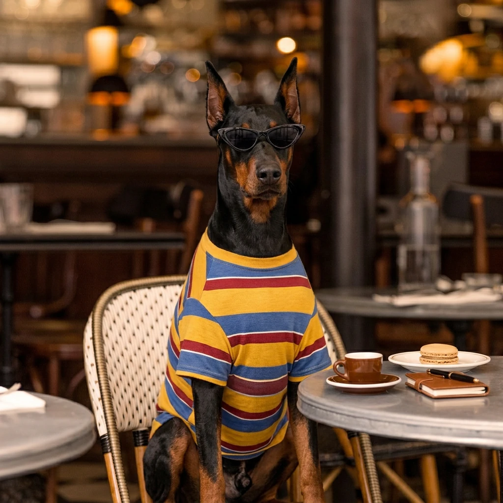 Doberman in NookPaws™ Deep-Chest Striped Layer, a breathable cotton-blend sweatshirt with bold yellow, blue, and red stripes, seated at a cafe table under warm, ambient lighting—minimalist, functional dog apparel for deep-chested breeds.