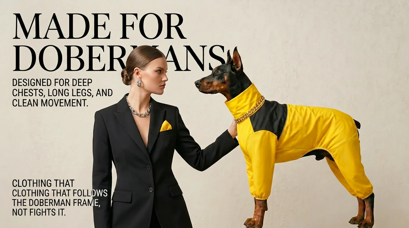 NookPaws Doberman rain layer in vibrant yellow, tailored for deep-chested dogs with full limb coverage, elegant hug-hood, and minimalist design.