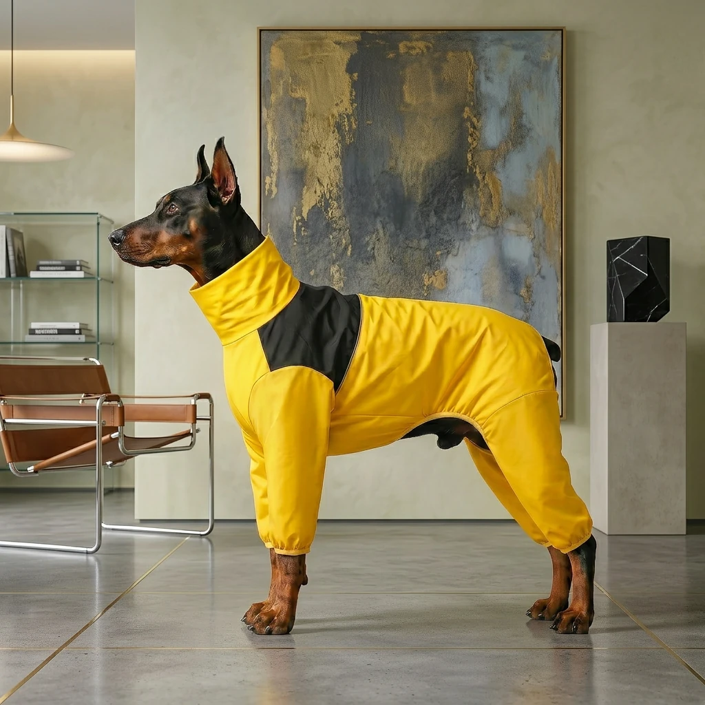 Doberman in vibrant yellow waterproof rain layer with black chest panel, showcasing full coverage for deep-chested breeds in minimalist interior with soft ambient lighting.