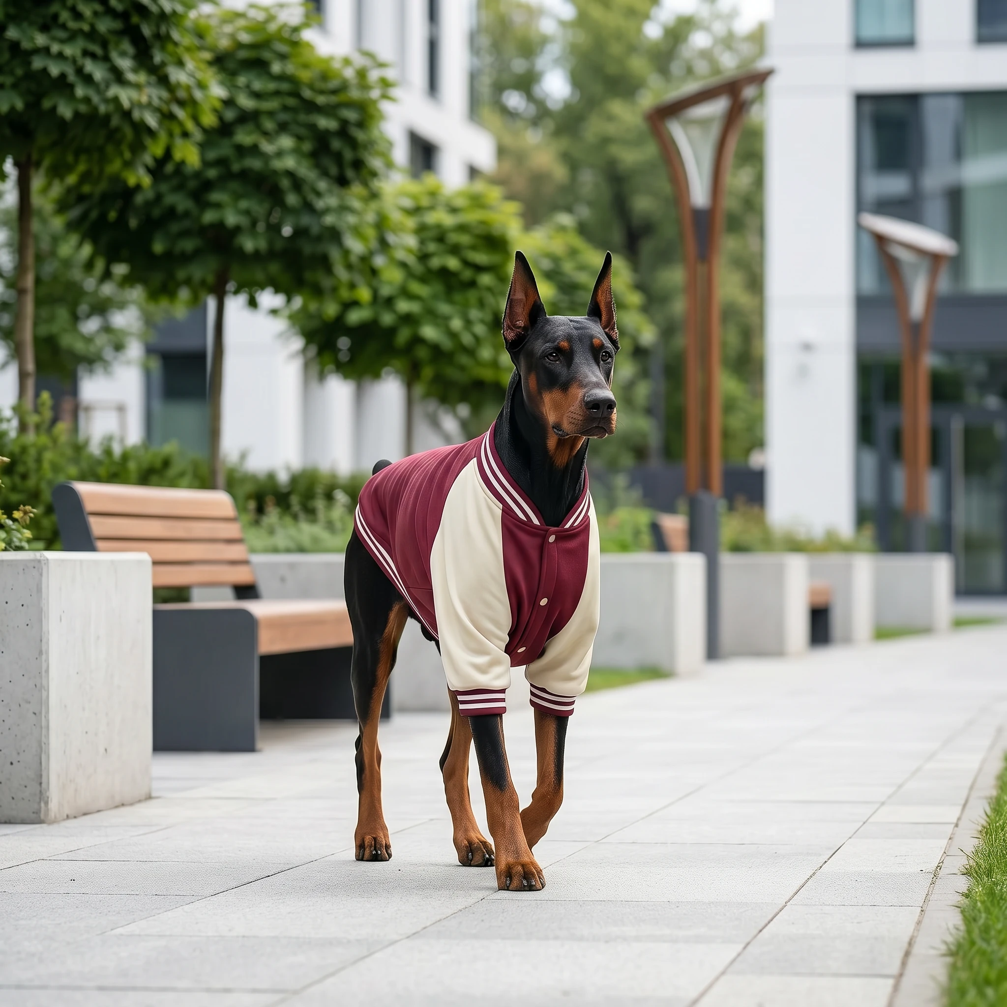 Doberman in NookPaws™ varsity jacket, maroon and cream with ribbed texture, walking on stone path in modern plaza, calm minimalist design for deep-chested breeds
