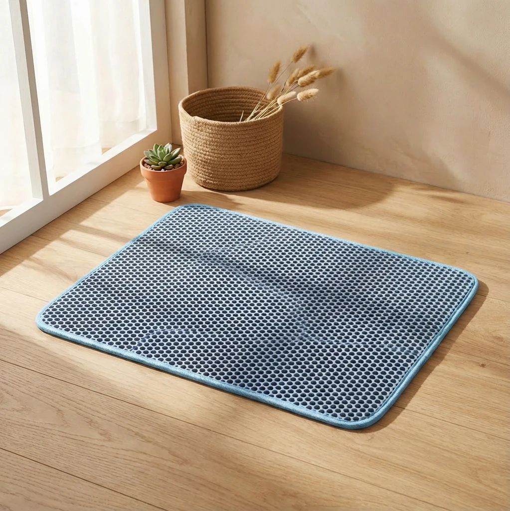 Mist Blue double-layer litter trapping mat with honeycomb texture rests on light wood floor near window, beside woven basket and succulent, embodying harmonious pet living in minimalist interior.