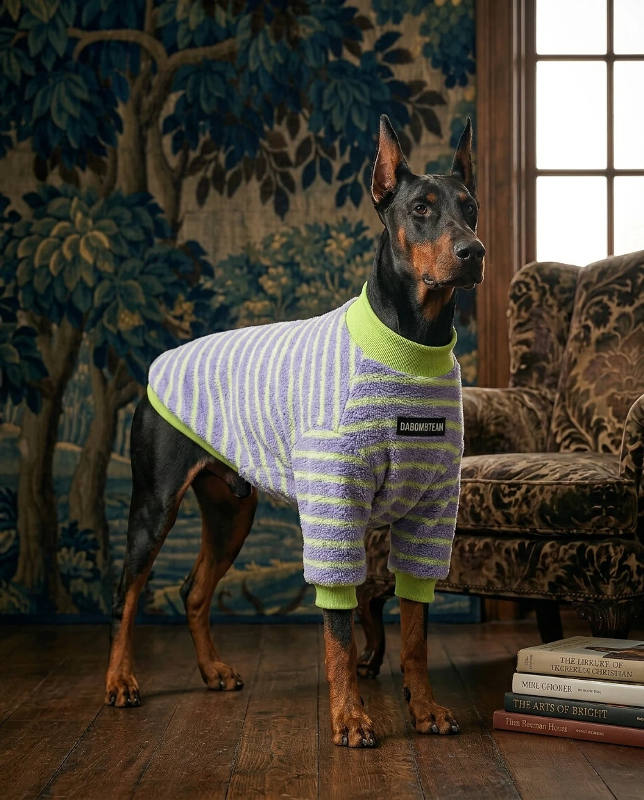 Doberman in NookPaws Deep Chest Fleece Sweater, soft lavender-green striped polar fleece, minimalist fit for large breeds, warm texture, natural lighting, vintage decor.