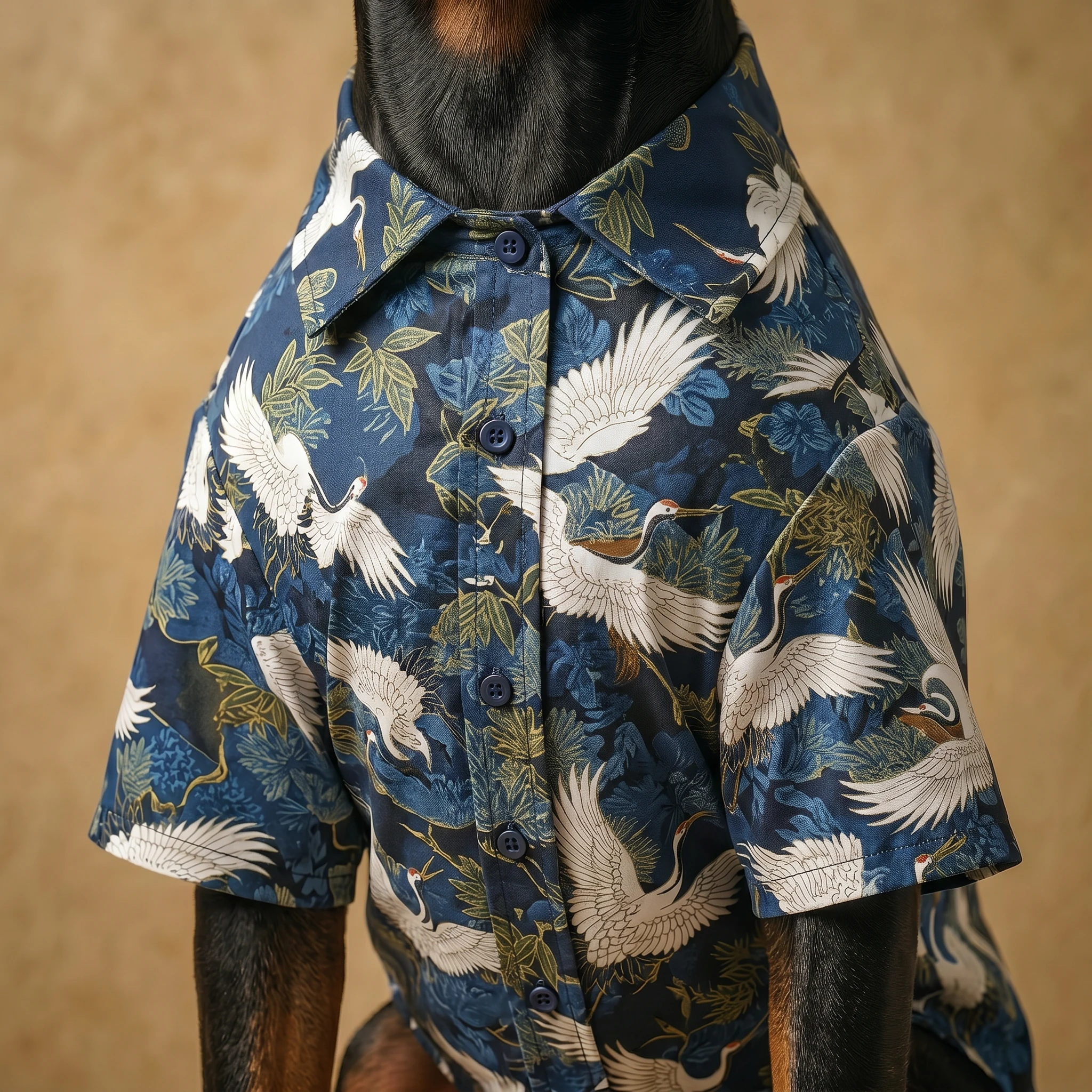 Crane-print lightweight dog shirt for Dobermans, featuring breathable fabric with soft folds and minimalist elegance, showcasing deep-chested fit and natural movement.