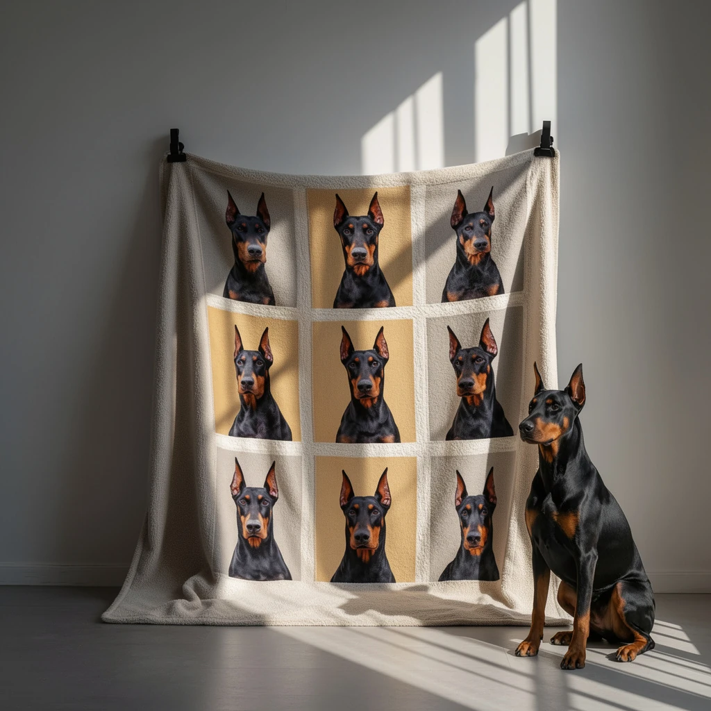 Soft cream flannel throw with nine-grid portrait of a Doberman, displayed in a minimalist interior with natural light; a matching dog sits calmly beside it, embodying harmonious pet living.