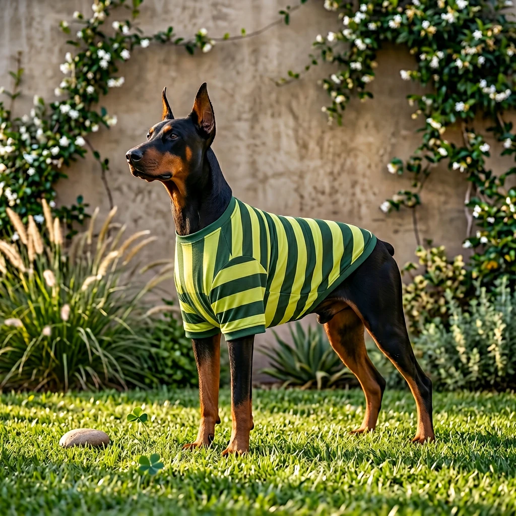 Doberman wearing NookPaws™ Deep Chest Striped Layer — a minimalist, breathable tee for deep-chested dogs, shown in soft sunlight on lush grass with white blooms.