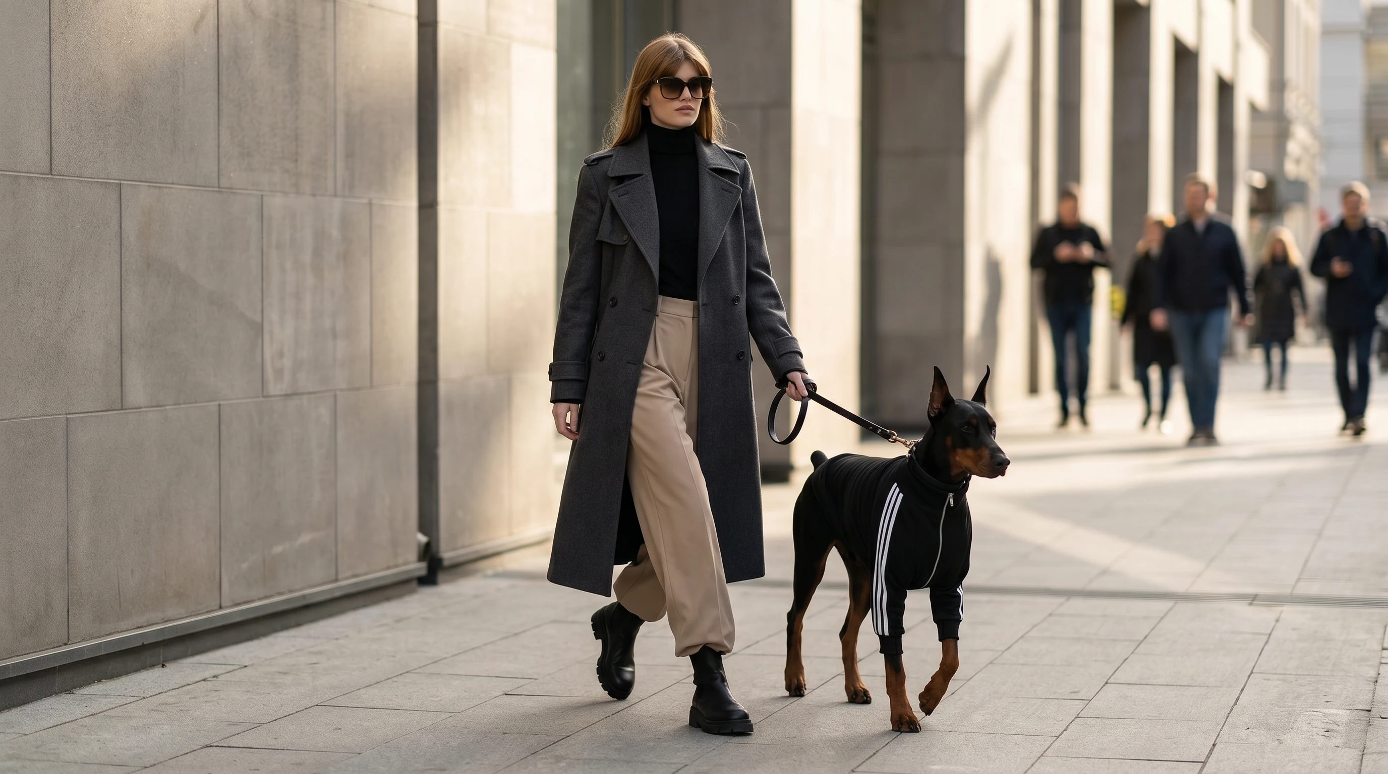 Doberman in black zip-up hoodie with white stripes, walking city streets in soft daylight — minimalist dog apparel for deep-chested breeds, streamlined fit, calm urban layering