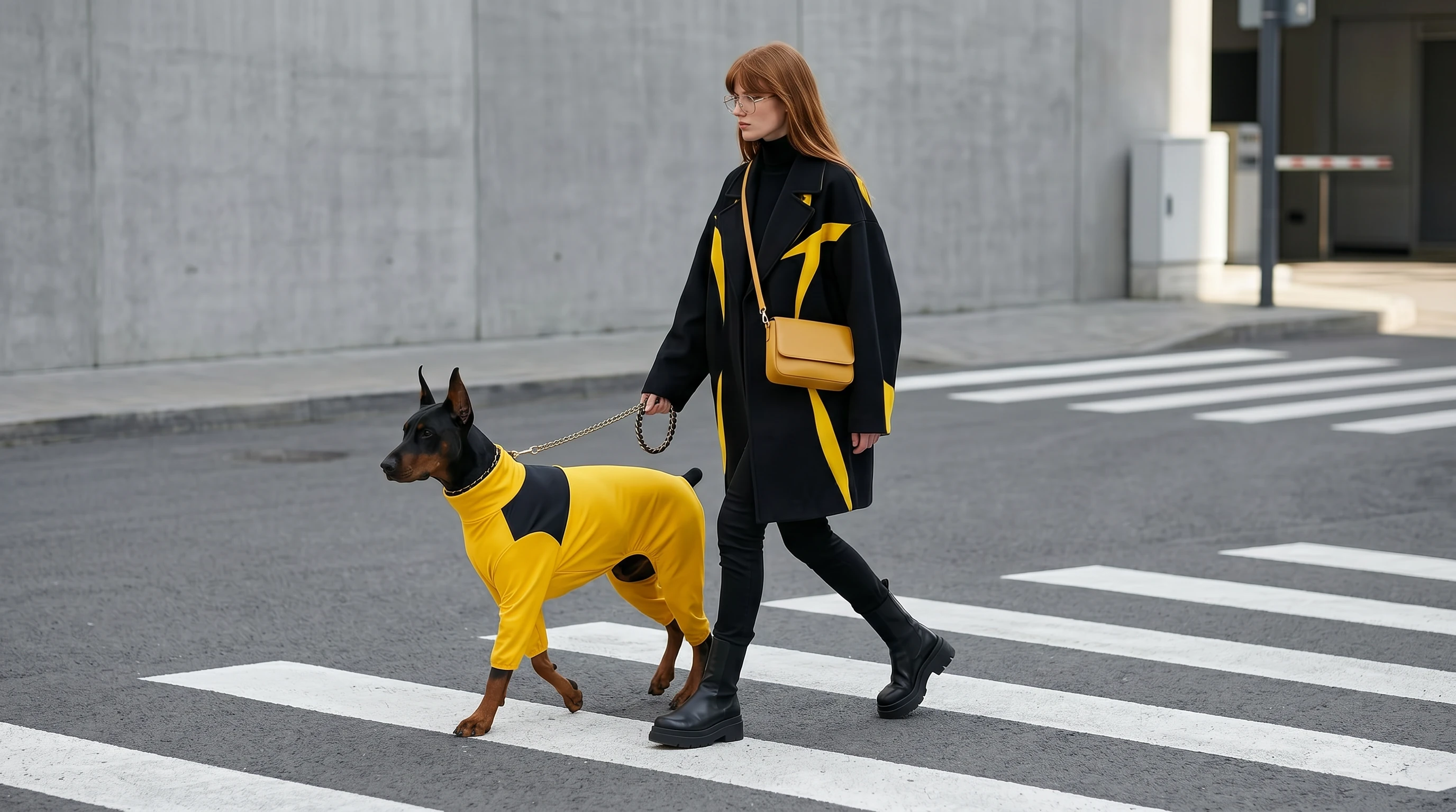 Doberman in sleek yellow rain layer with black accents, walking beside owner on urban crosswalk — minimalist, full-coverage waterproof dog coat for deep-chested breeds, functional and calm design.