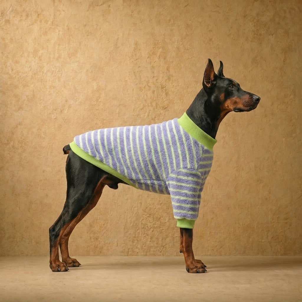 Doberman in NookPaws Deep Chest Fleece Sweater, purple and lime stripe polar fleece, soft texture, minimalist fit, calm lighting, tailored for deep-chested breeds