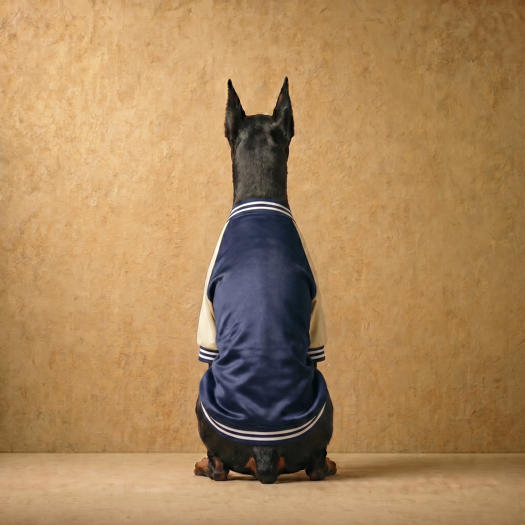 Doberman in a navy and cream varsity jacket with ribbed trim, showcasing a close athletic fit for deep-chested dogs, minimalist design, and clean lines against a warm textured backdrop.