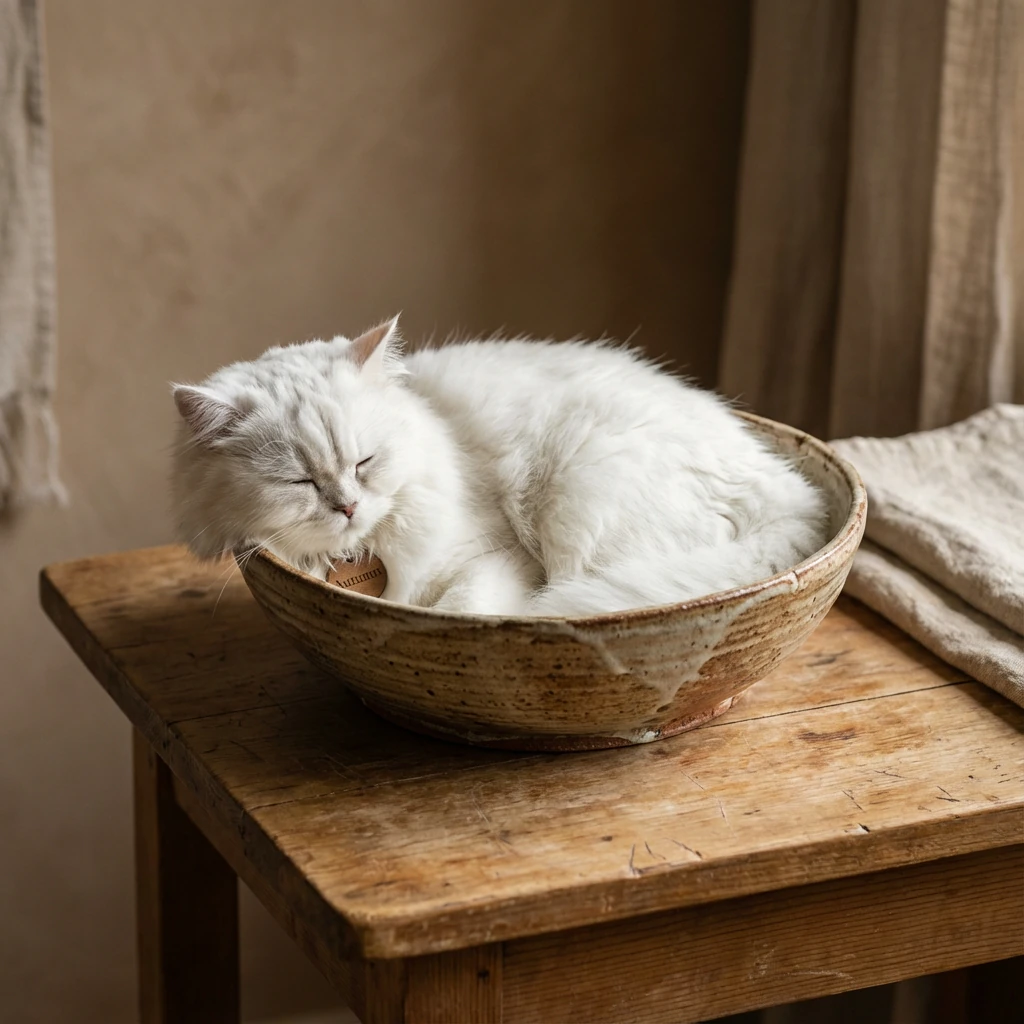 Fluffy white cat curled in a rustic ceramic bowl on a weathered wooden table, embodying harmonious pet living in a calm, minimalist space.