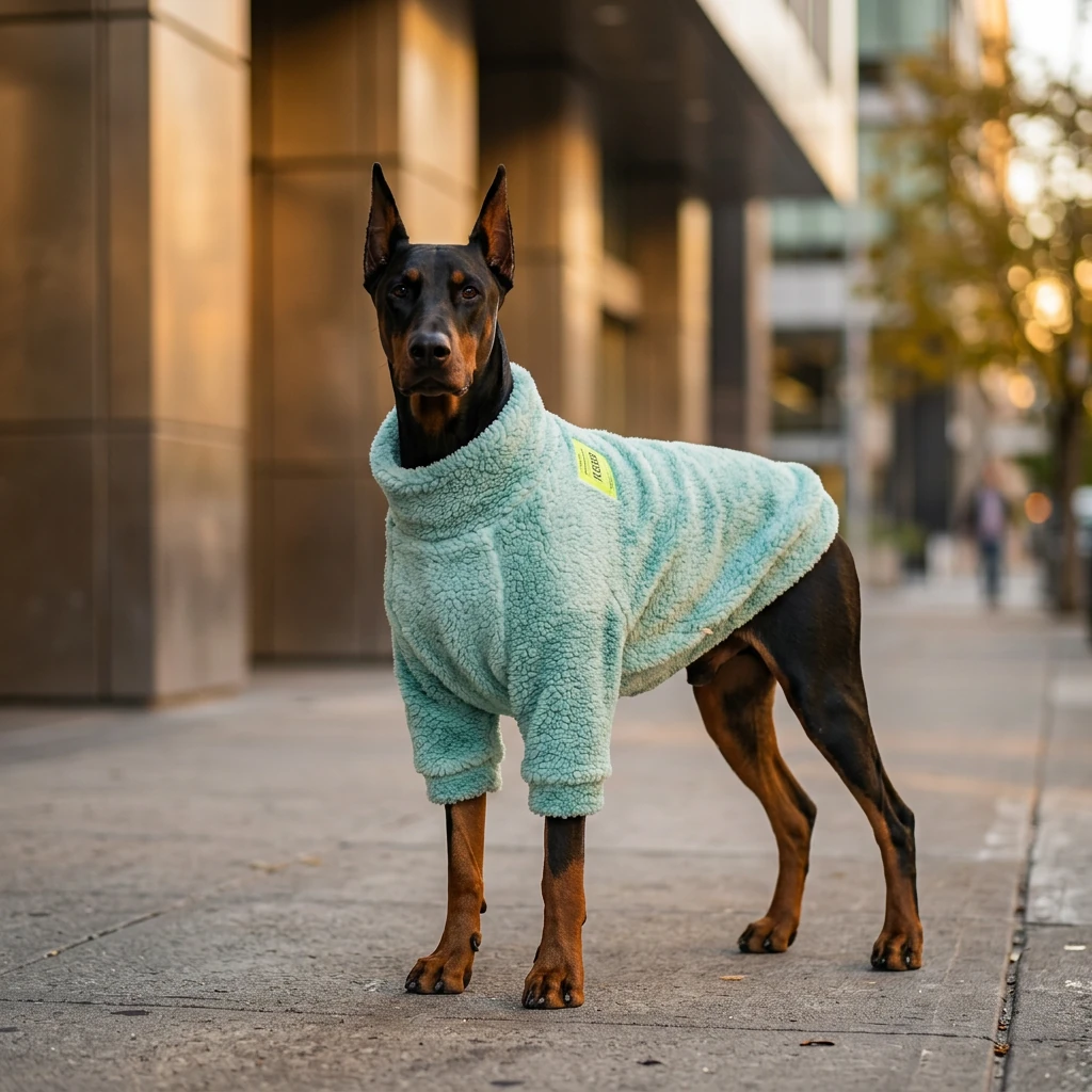 Doberman in NookPaws™ Deep Chest Fleece Sweater, soft sherpa texture, warm mint hue, minimalist urban walk, calm functional fit