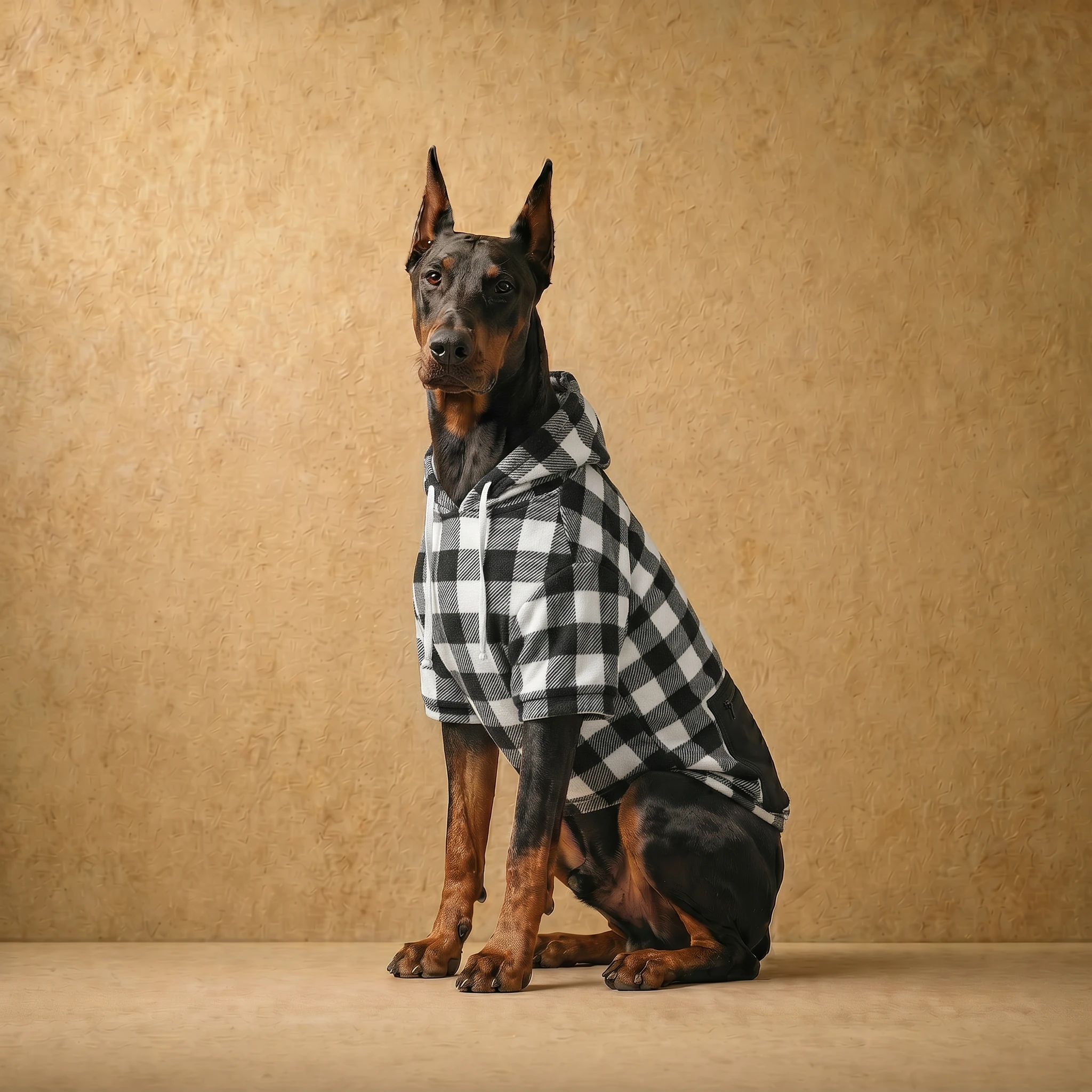 Doberman in a monochrome plaid dog hoodie with a close athletic fit, featuring a structured hood and clean lines against a warm textured backdrop. Clothes that fit dobermans.