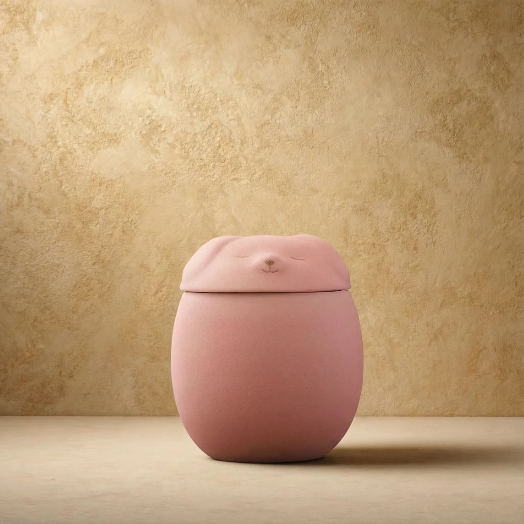 Soft pink ceramic pet memorial jar with a serene animal silhouette lid, set against a textured beige wall in a minimalist interior, embodying calm and wabi-sabi aesthetic.