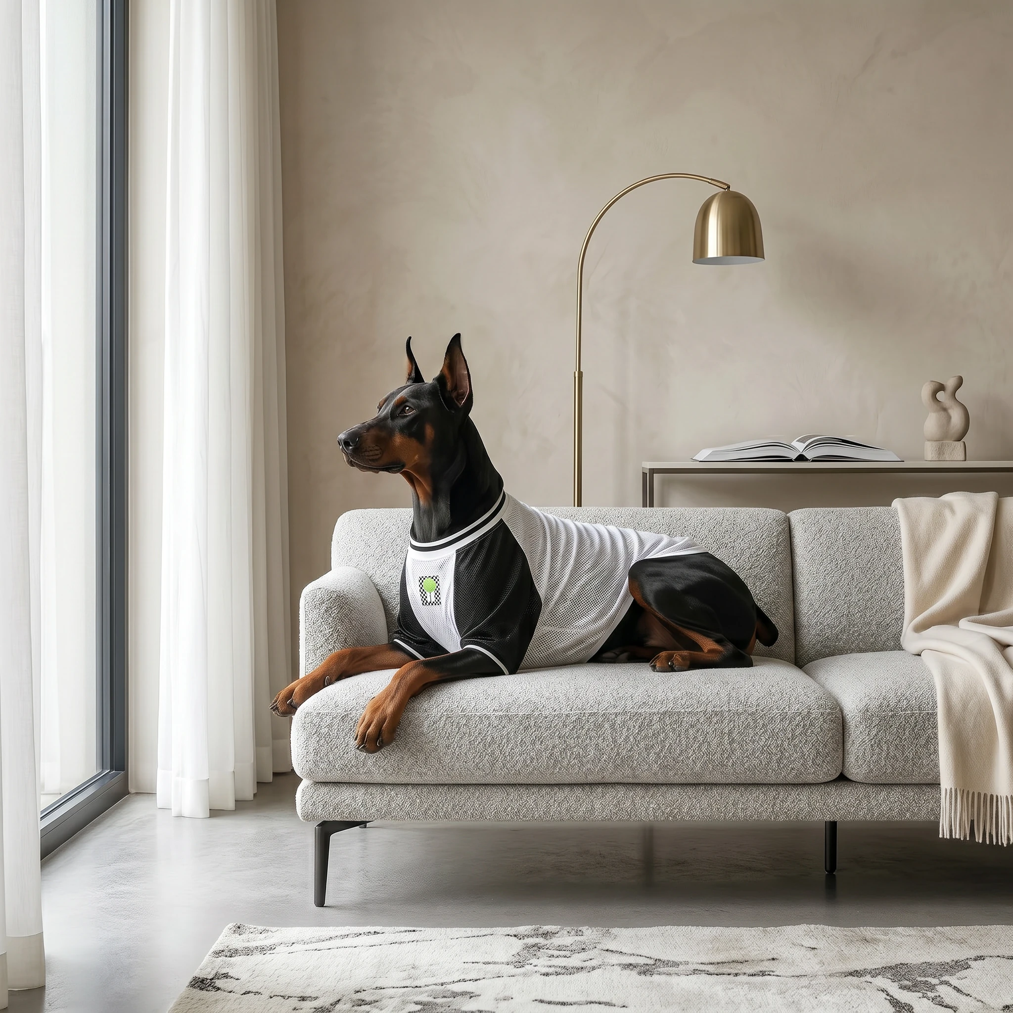 Doberman in minimalist white and black mesh dog sweatshirt, lounging on a textured gray sofa, soft natural light streaming through sheer curtains, serene neutral tones and calm interior design.
