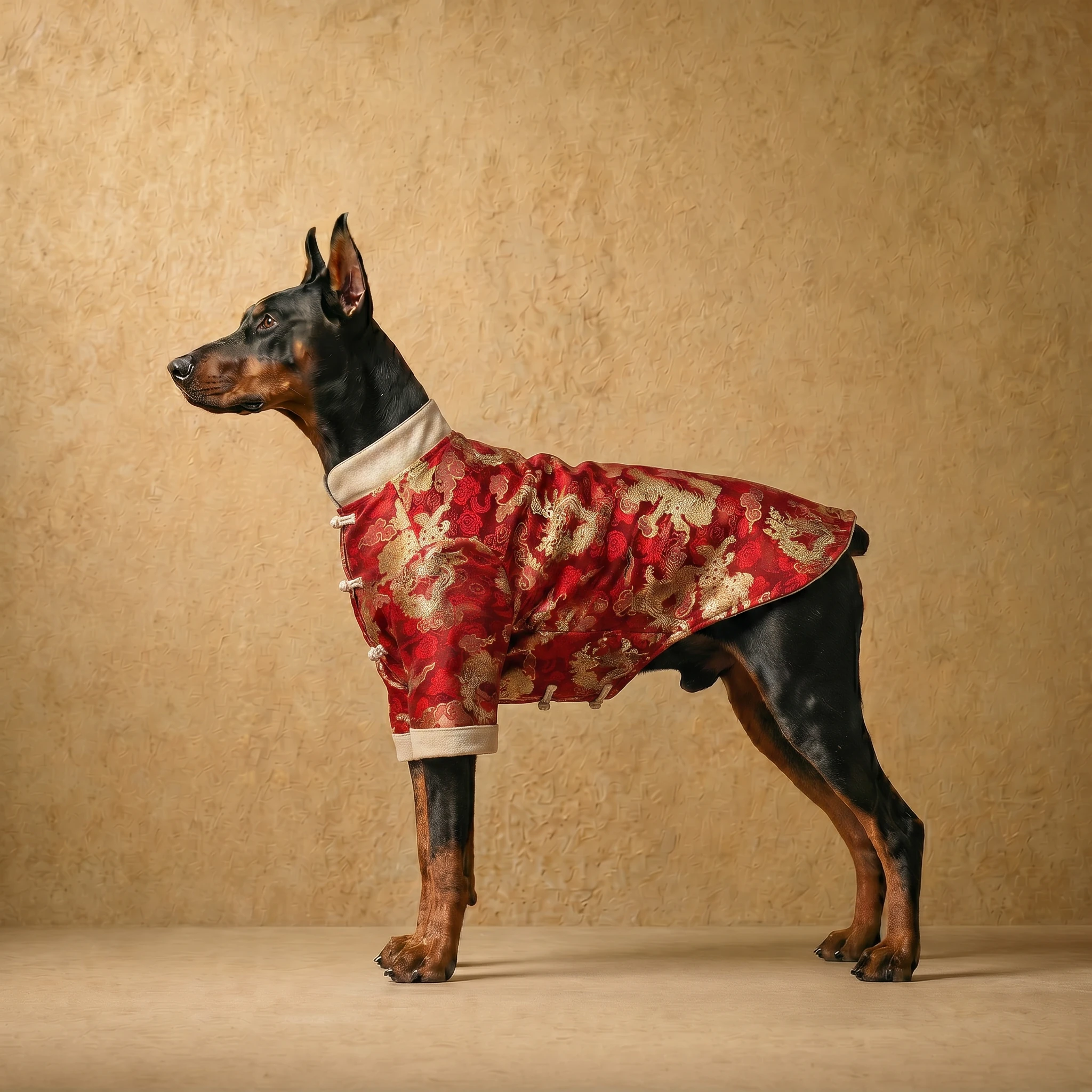 Doberman in a structured red and gold heritage coat with dragon embroidery, tailored for a deep-chested build, featuring a clean collar and front closure, in a neutral studio setting.