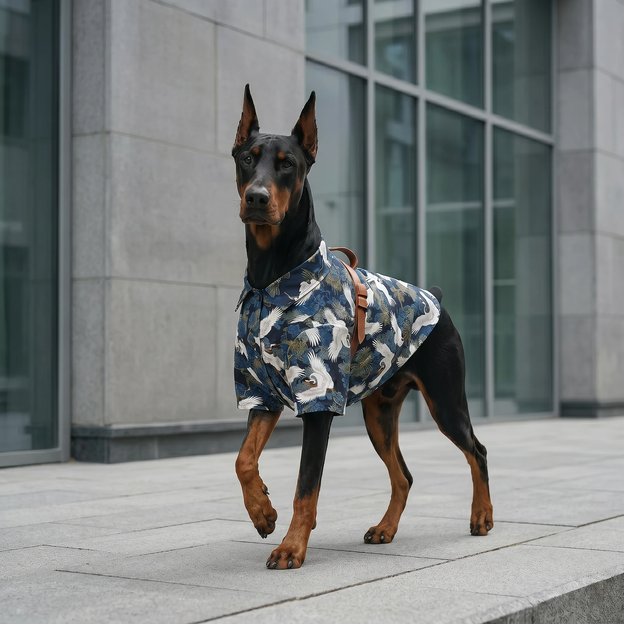 Doberman in NookPaws™ Lightweight Shirt, deep-chested fit, blue crane-print fabric, minimalist urban scene, calm & functional large-breed apparel