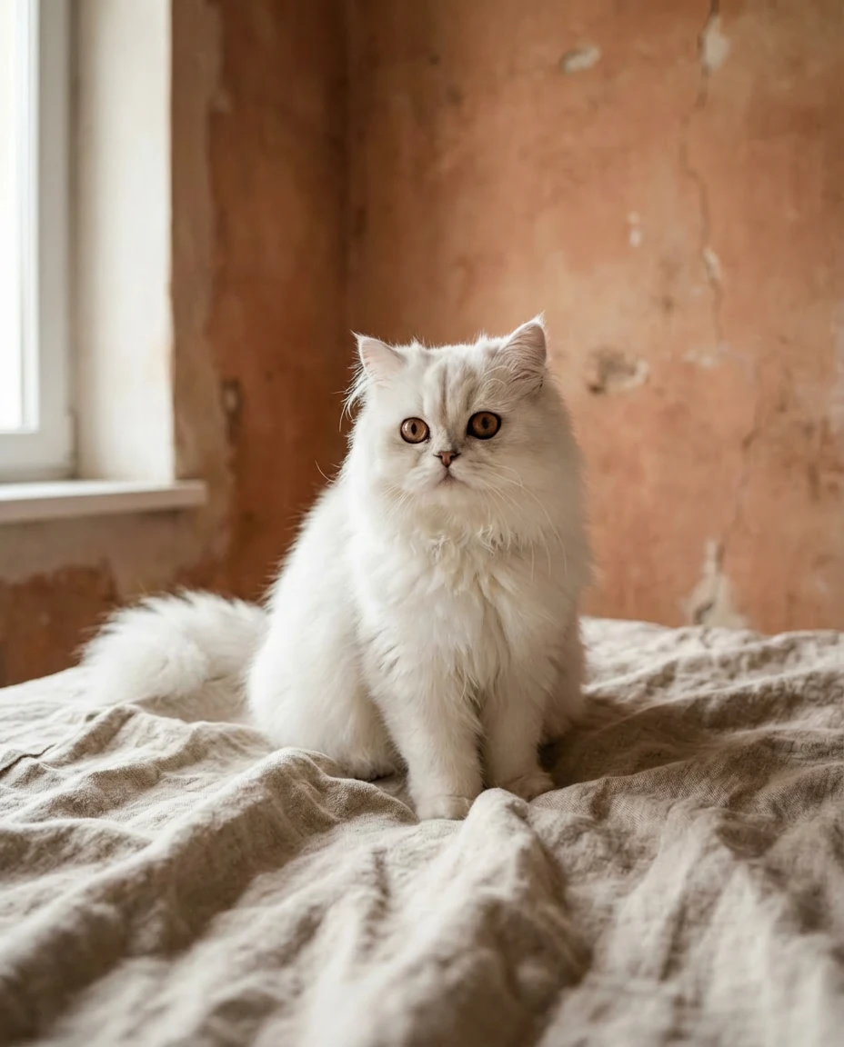 Fluffy white cat sits calmly on textured linen bedding against a warm, weathered terracotta wall, embodying harmonious pet living in a minimalist interior.