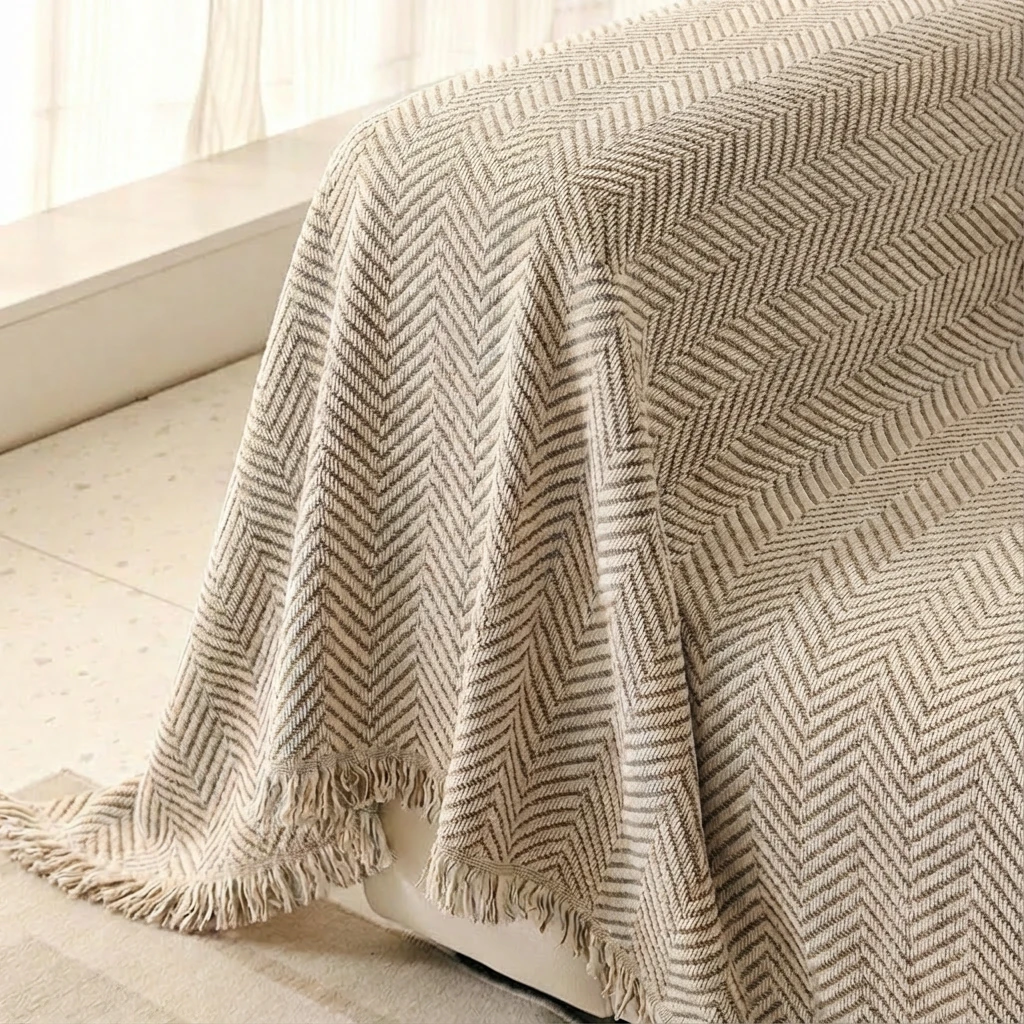 Soft beige chevron woven chenille throw draped over a sofa, featuring textured fringe and a calm, minimalist interior aesthetic with natural light. Scratch resistant fabric.