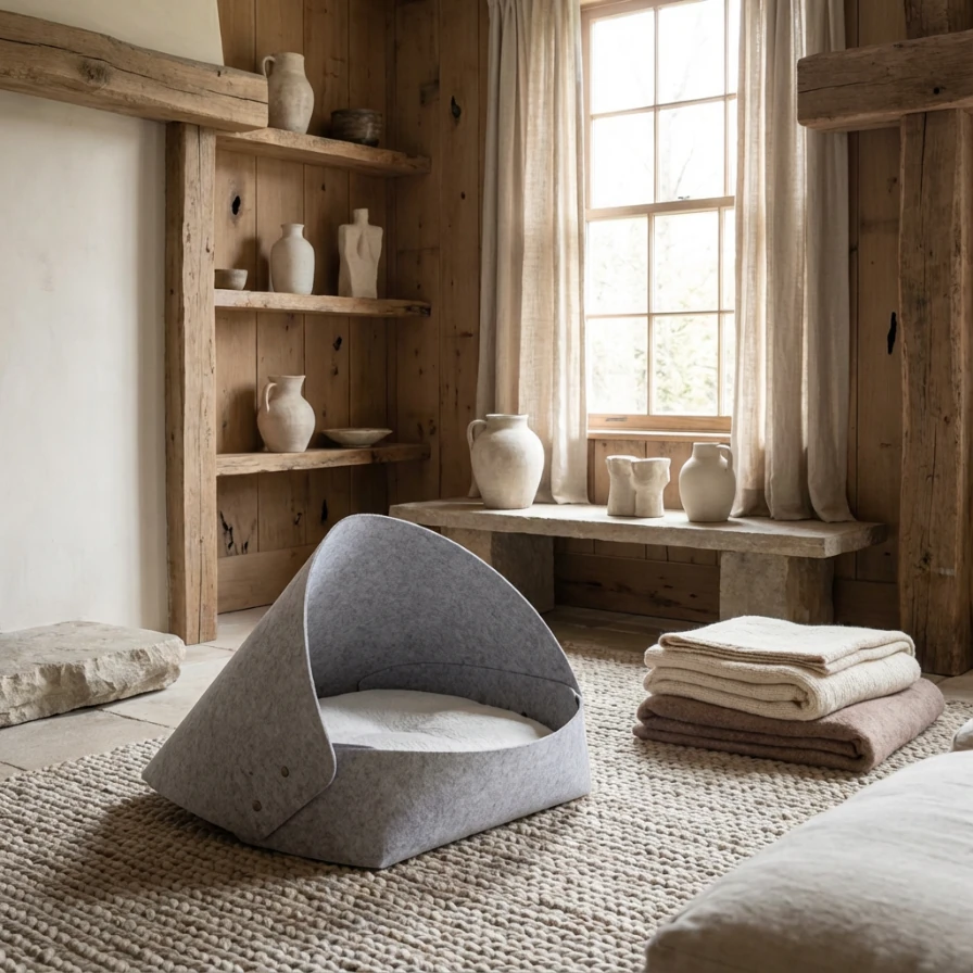 Sculptural gray felt cat cave with snap-button design rests on textured rug in a serene, wood-lined room with natural light, embodying harmonious pet living.