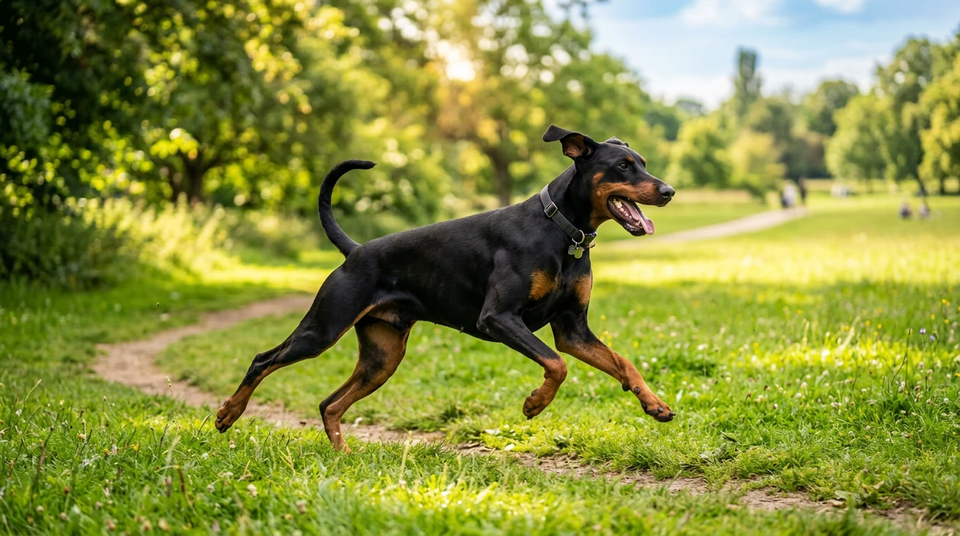An athletic Doberman Pinscher running off-leash in a sunny green park
