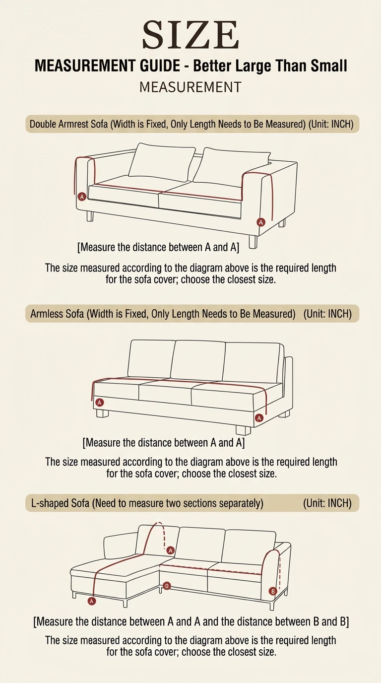 Size guide for pet friendly furniture: measure sofa length between points A and A for double armrest, armless, or L-shaped sofas to ensure proper fit.