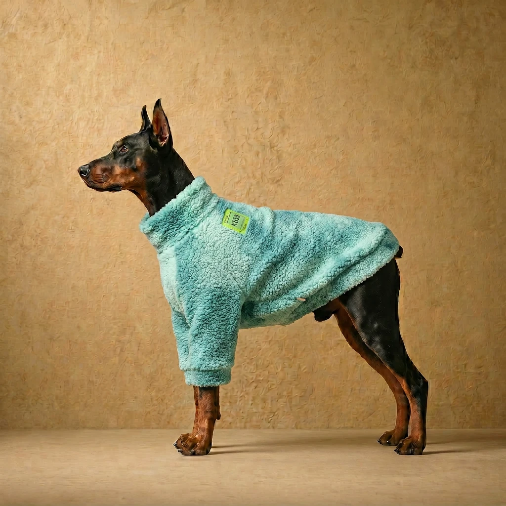 Doberman in a soft teal sherpa fleece sweater with high collar, tailored for deep chest, standing against warm textured backdrop. Clothes that fit dobermans.