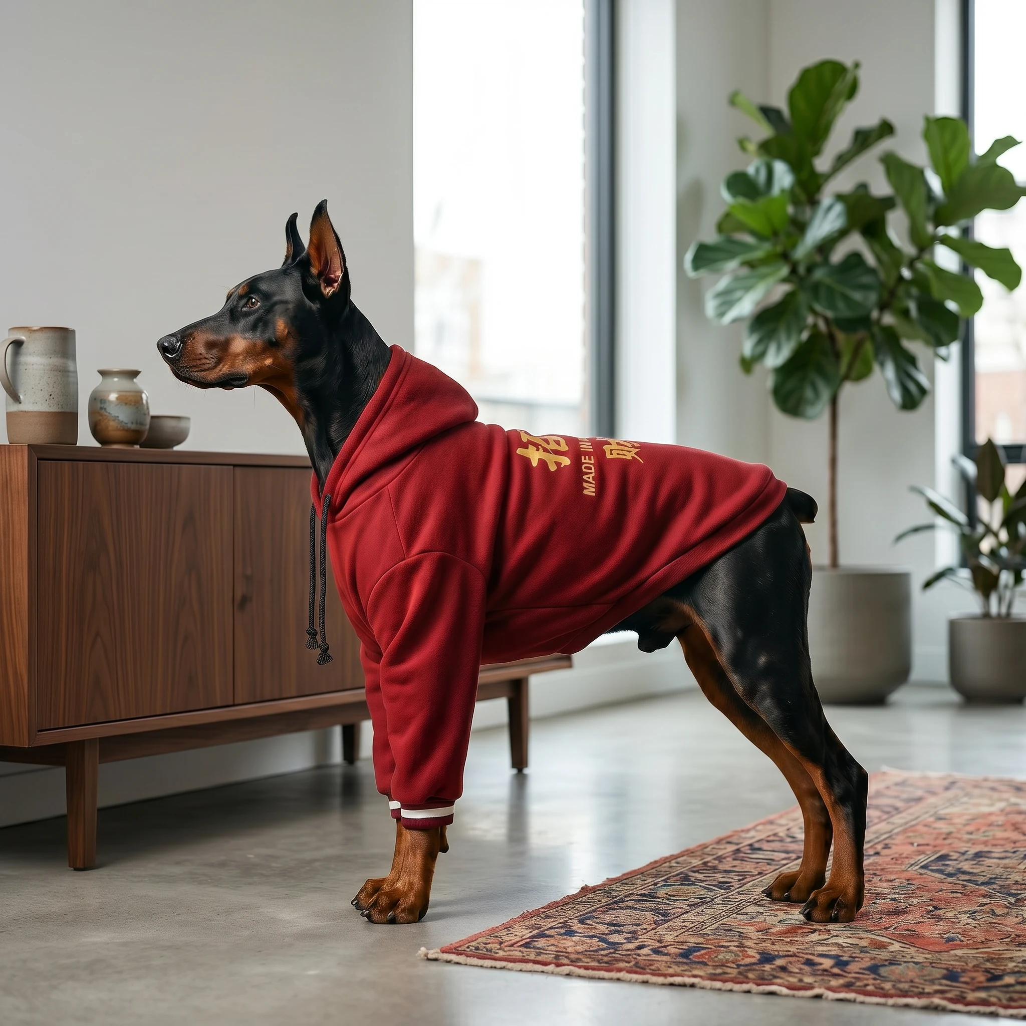 Doberman in NookPaws Deep Chest Fleece Hoodie, deep chested dog apparel in rich red fleece with gold script, minimalist layering for warm comfort, natural light and textured rug.