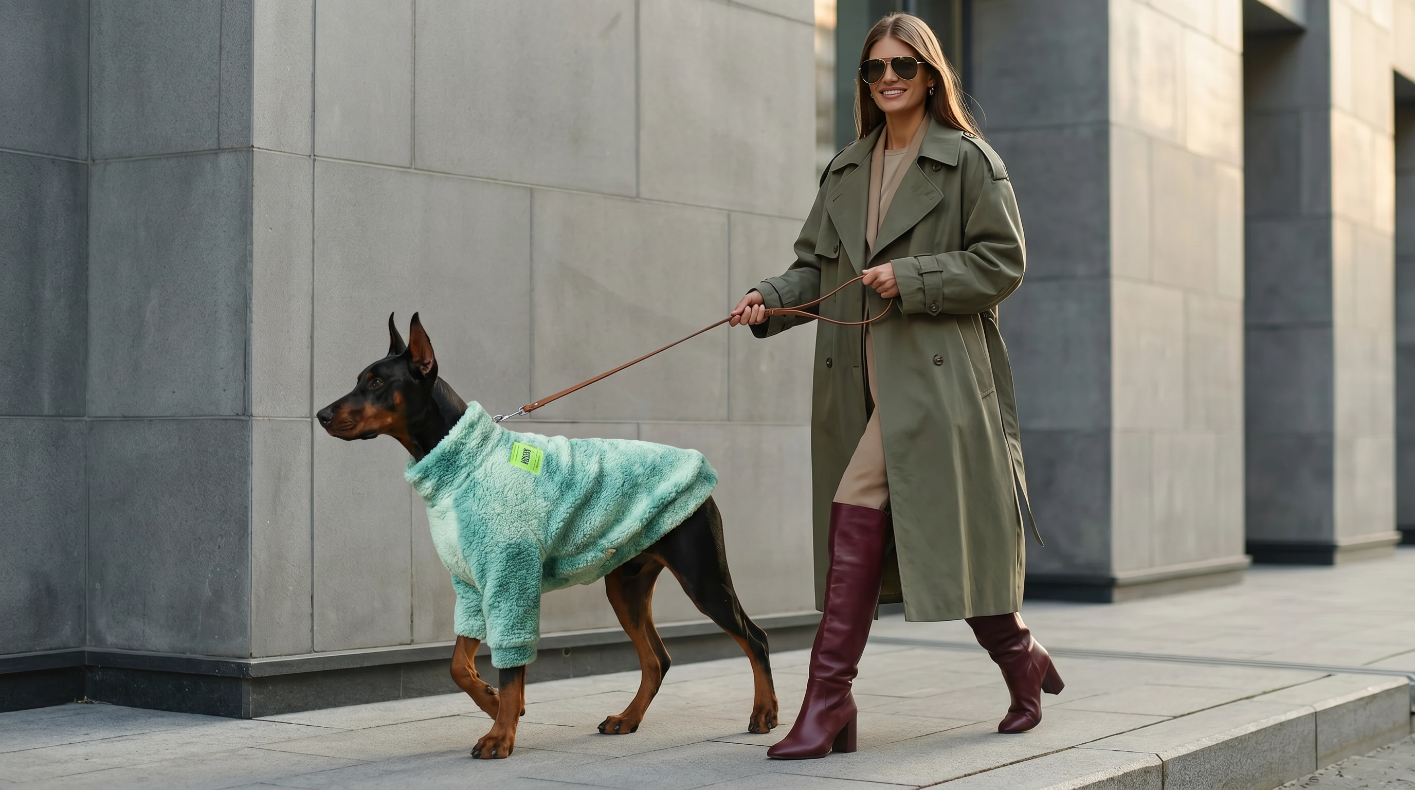 Doberman in NookPaws Deep Chest Fleece Sweater, soft sherpa texture, walking confidently in city light, minimalist dog apparel for deep-chested breeds