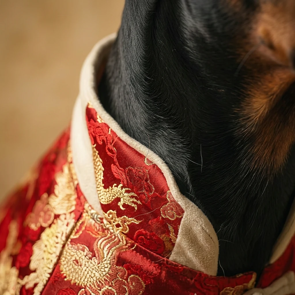 Heritage Doberman coat in rich red brocade with gold embroidery, tailored for deep-chested breeds, featuring soft cream lining and minimalist layering for dignified warmth.