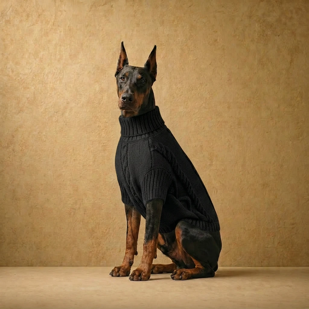 Doberman in a black cable-knit sweater with a high turtleneck, tailored for deep-chested builds, showcasing a clean, athletic fit against a warm neutral backdrop.