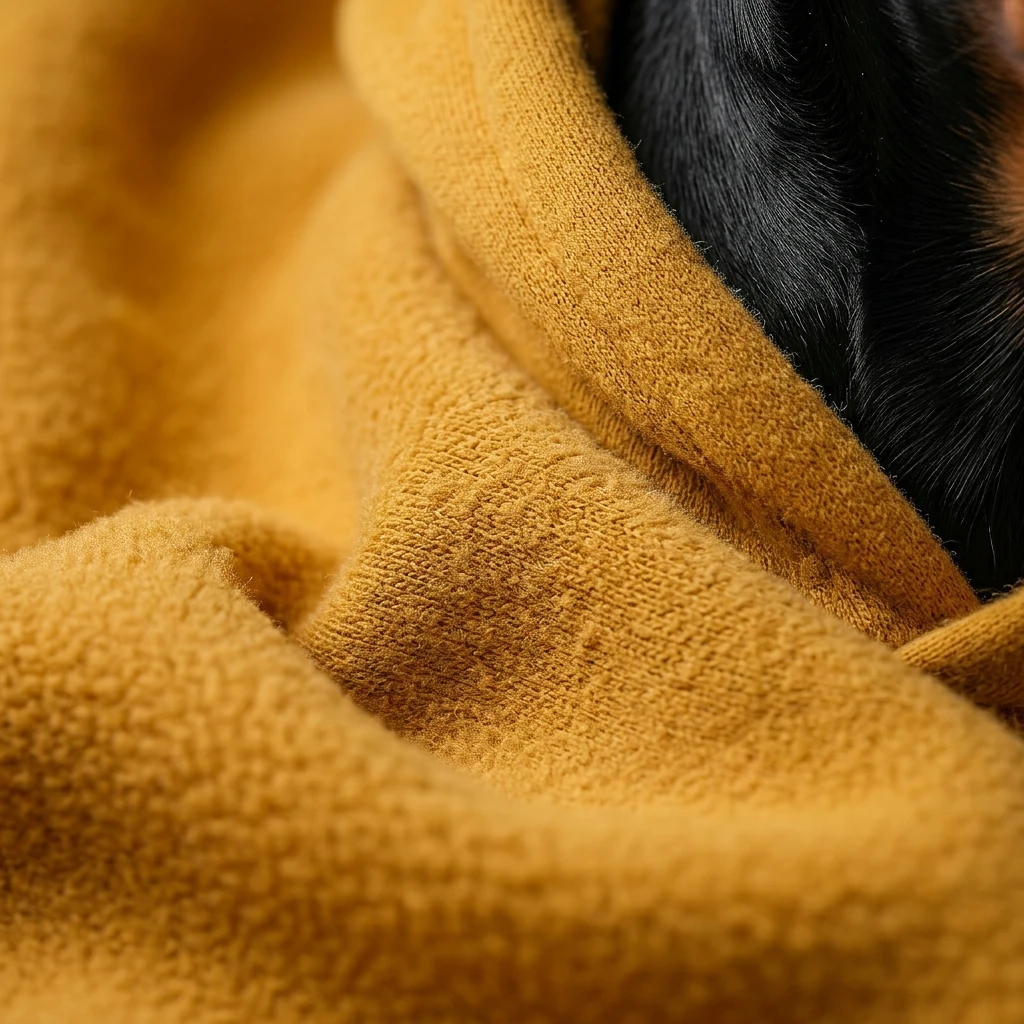 Warm mustard yellow dog hoodie for deep-chested breeds, soft knit texture draping over a Doberman’s neck, minimalist design with natural lighting highlighting comfort and fit.