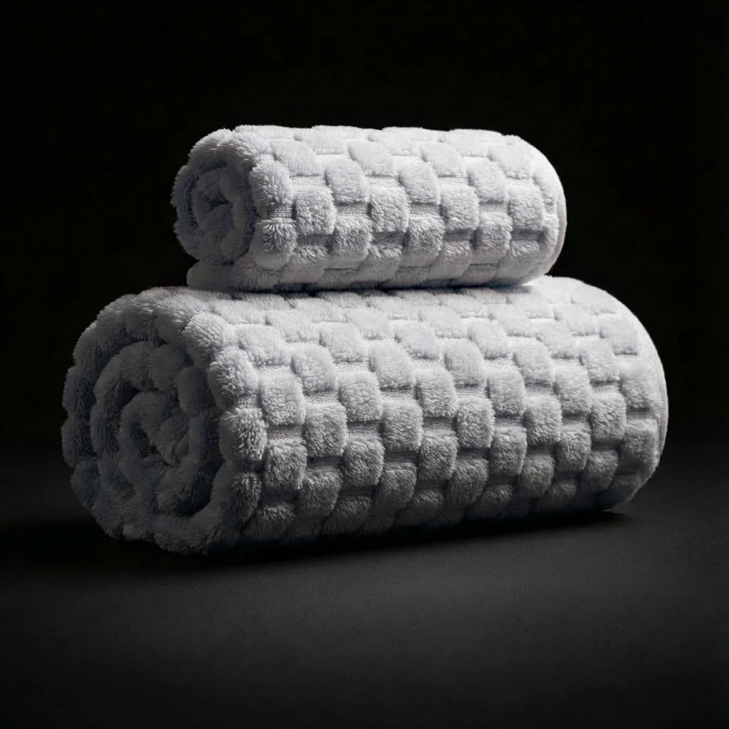 Soft slate grey waffle-weave coral fleece towels, rolled and stacked, showcasing plush texture and minimalist elegance against a dark backdrop.