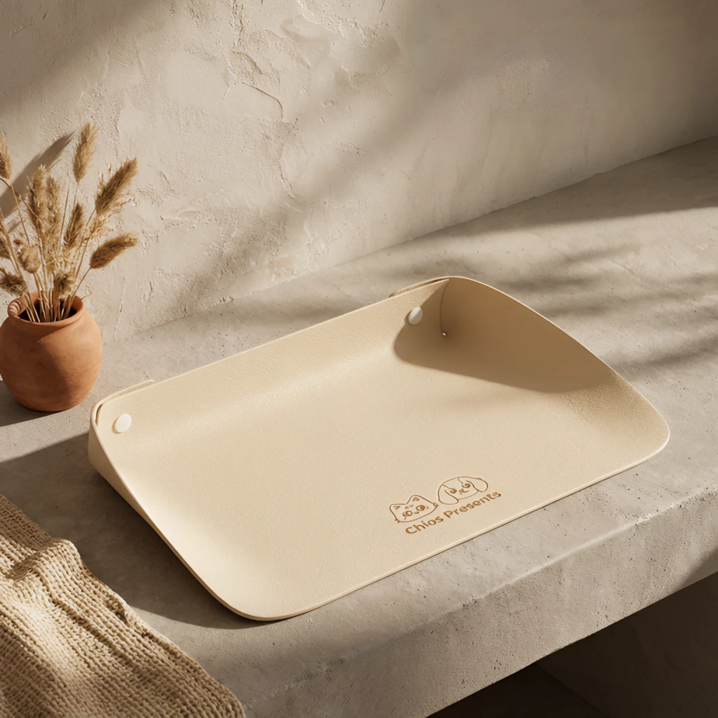 Apricot leather pet feeding mat with semi-enclosed edges rests on a concrete surface, beside a terracotta vase with dried grasses, embodying minimalist interior and harmonious pet living.