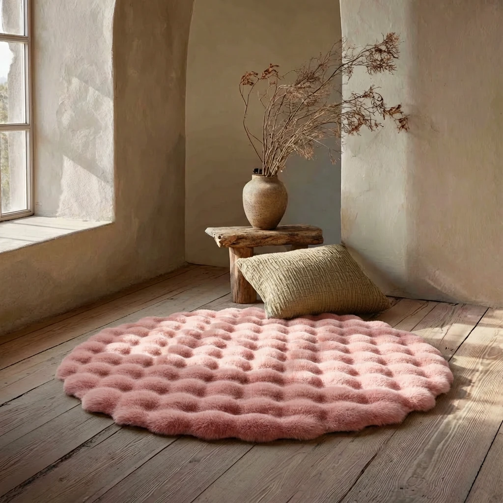 Dusty rose circular plush rug with cloud-soft bubble texture rests on rustic wood floors, nestled beside a woven pillow and ceramic vase in a serene, sunlit nook—harmonious pet living.