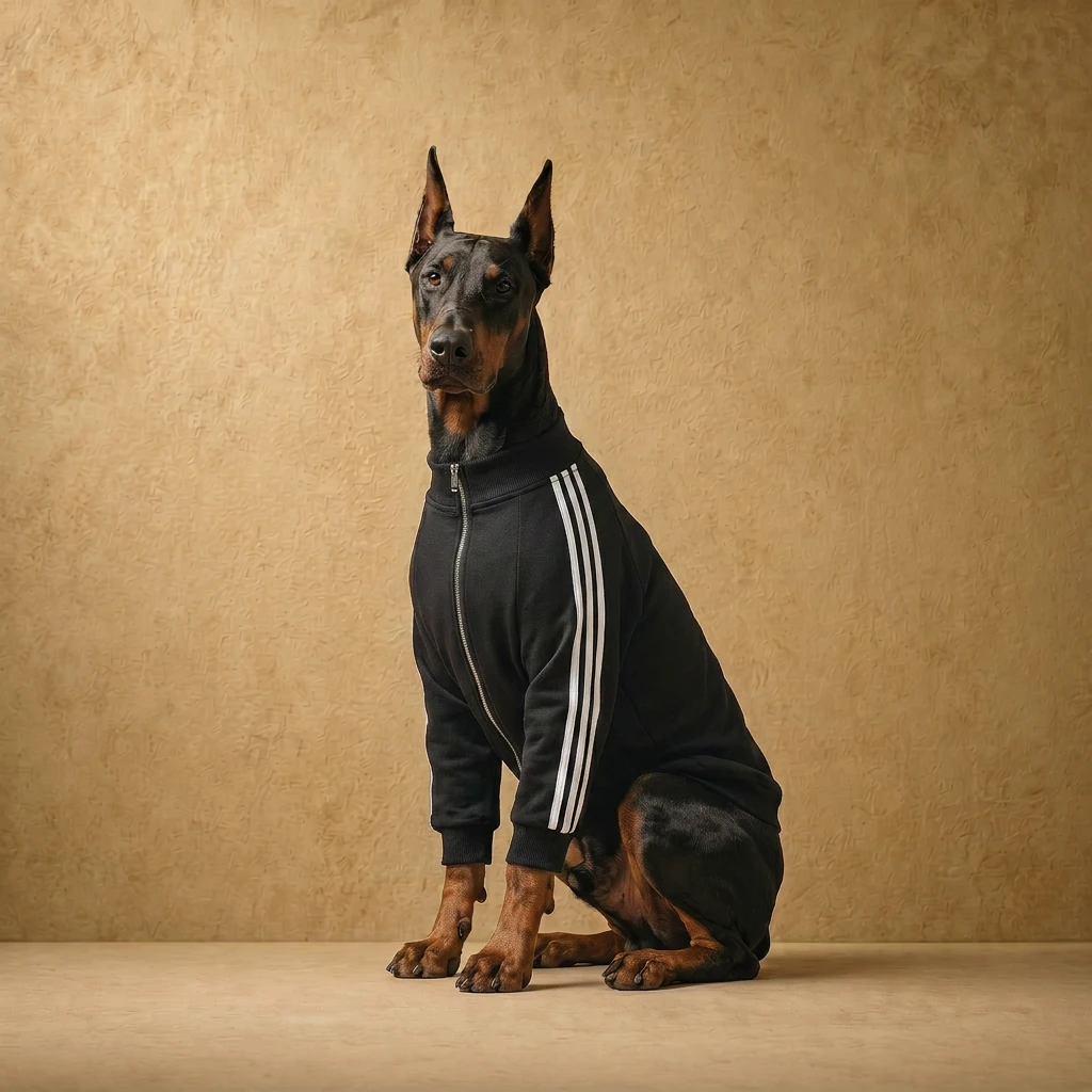 Doberman in a black zip-up hoodie with white side stripes, seated against a warm textured backdrop. Clean athletic fit for deep-chested builds. doberman hoodie