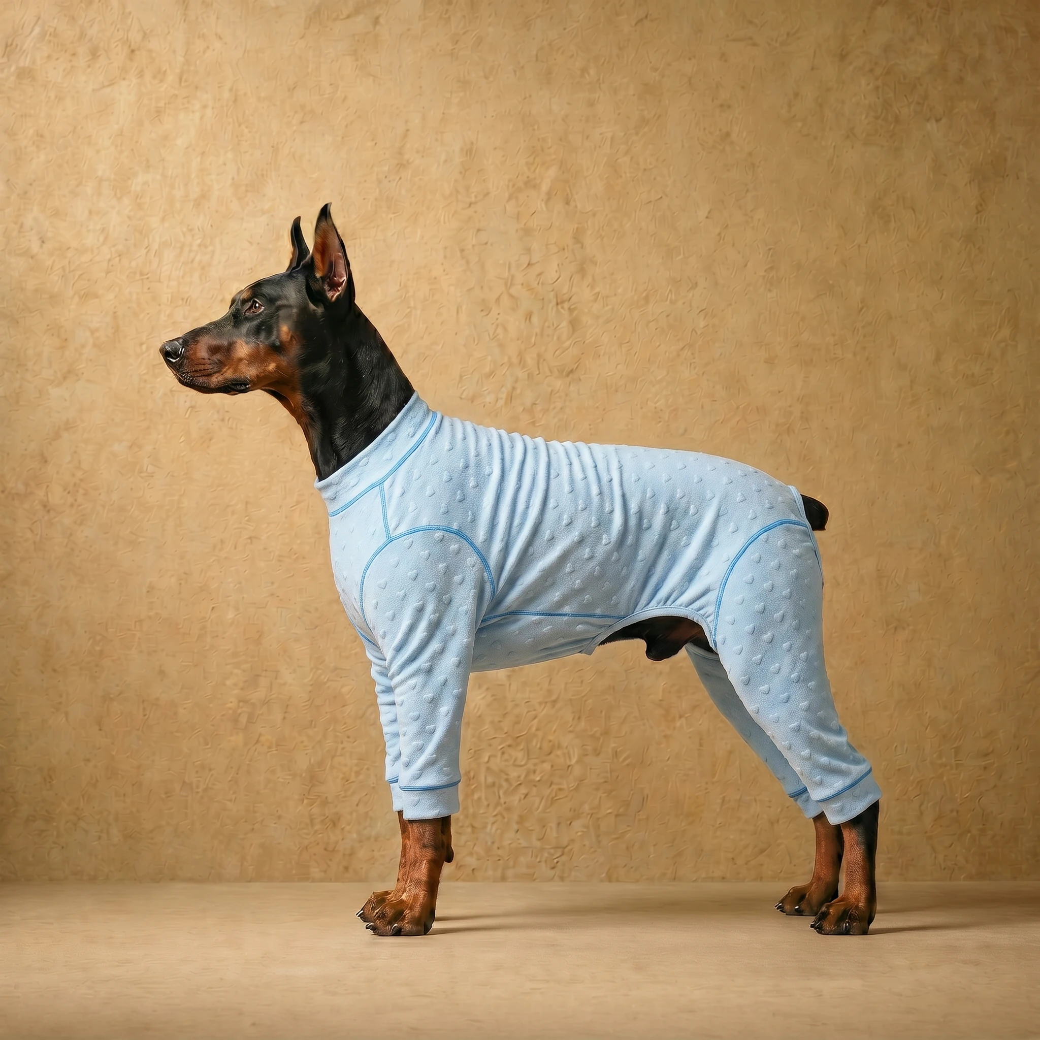 Doberman in a light blue textured indoor layer with heart-patterned fabric and snug athletic fit, designed for comfort and mobility; dog recovery suit for deep-chested breeds.